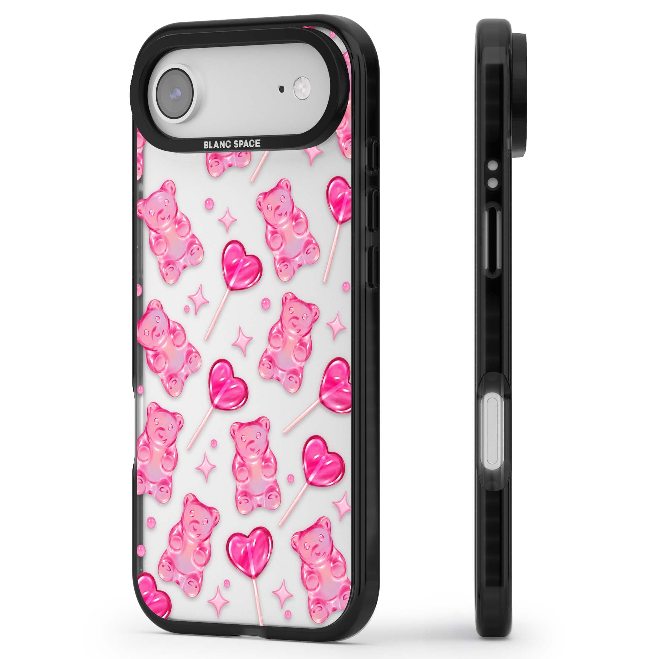 Pink Sugar pinkcore iPhone case featuring pink gummy bears, heart-shaped lollipops and sparkle stars | Clear Impact case for iPhone Air