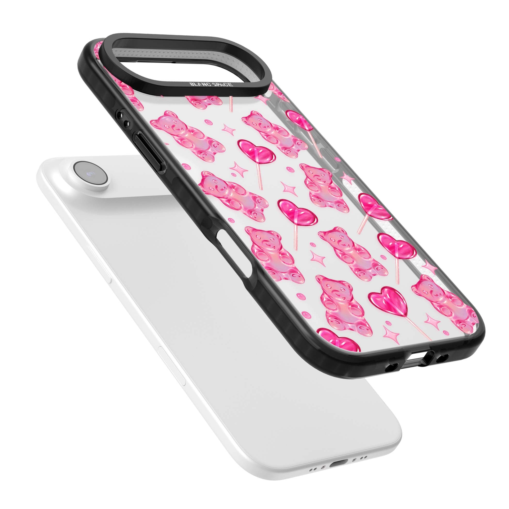 Pink Sugar pinkcore iPhone case featuring pink gummy bears, heart-shaped lollipops and sparkle stars | Clear Impact case for iPhone Air