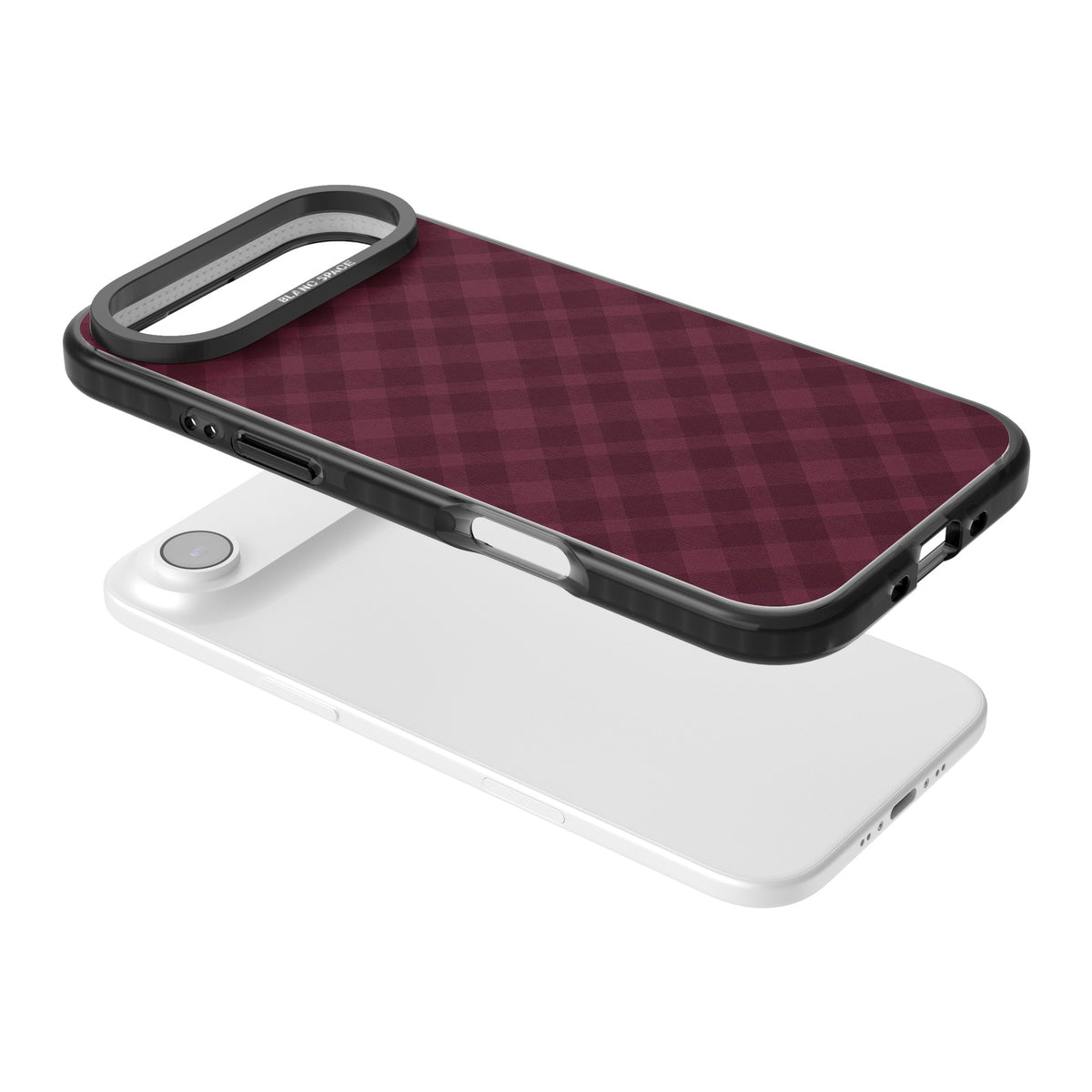 Mulled Wine preppy iPhone case featuring burgundy gingham checks, diagonal plaid lines and a soft woven texture iPhone Air / iPhone 17 Air Impact Black Phone Case angled