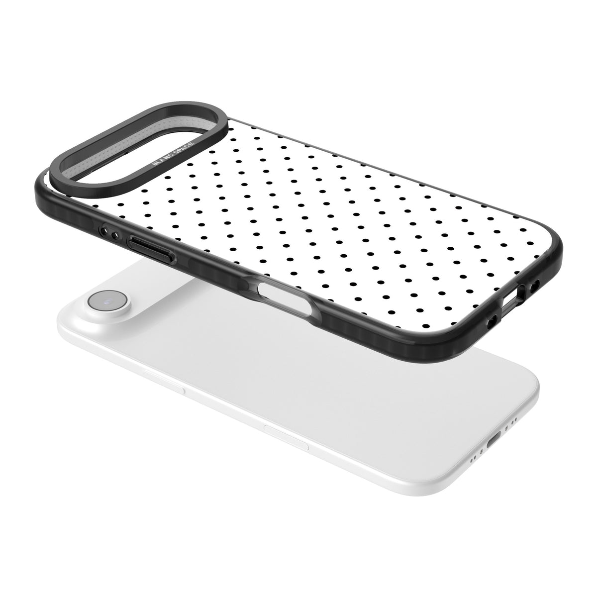 Dalmatian Dots minimal iPhone case featuring small black polka dots on a crisp white background with bold black edges iPhone Air / iPhone 17 Air Impact Black Phone Case angled