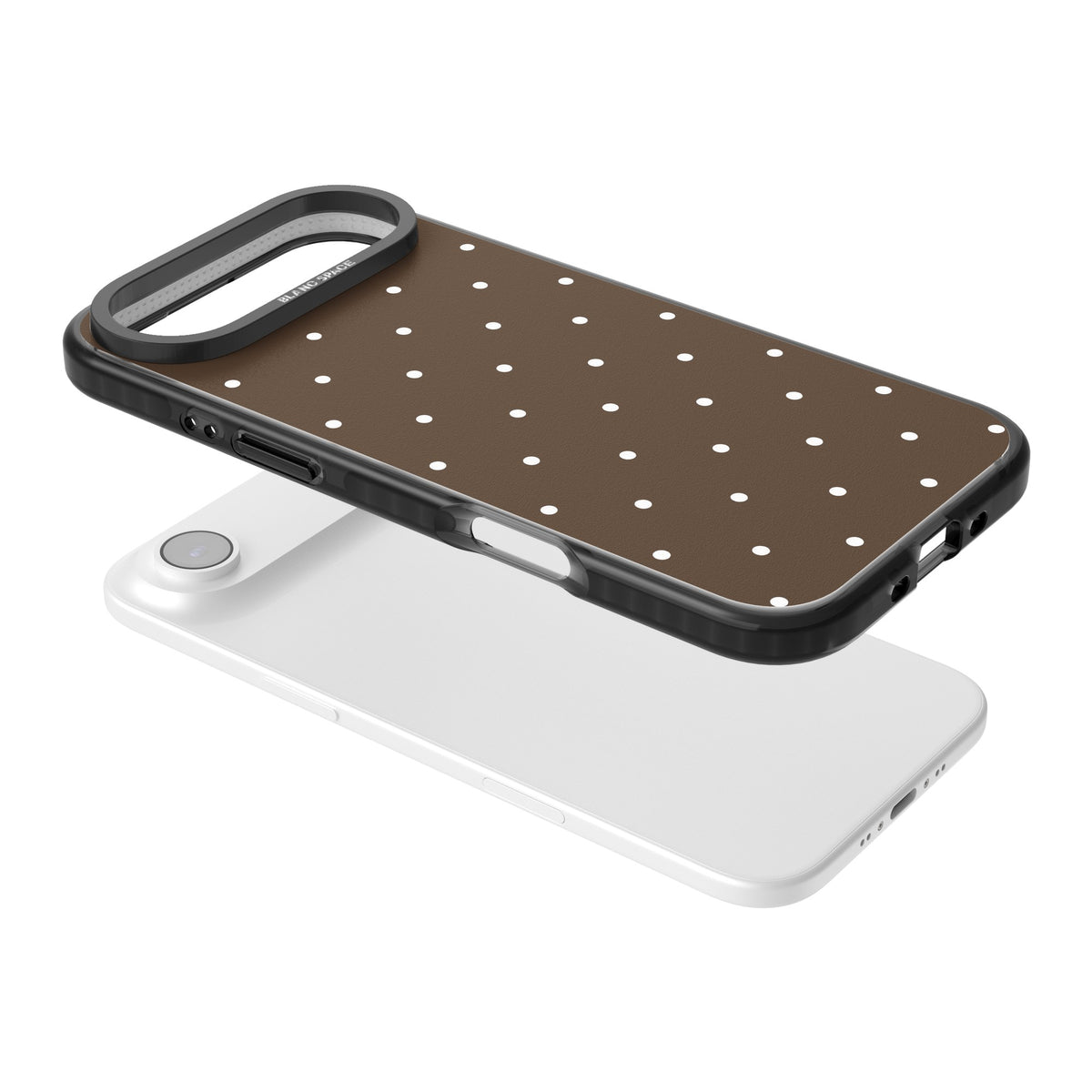 Espresso Dots minimalist iPhone case featuring white polka dots on a rich chocolate brown background iPhone Air / iPhone 17 Air Impact Black Phone Case angled