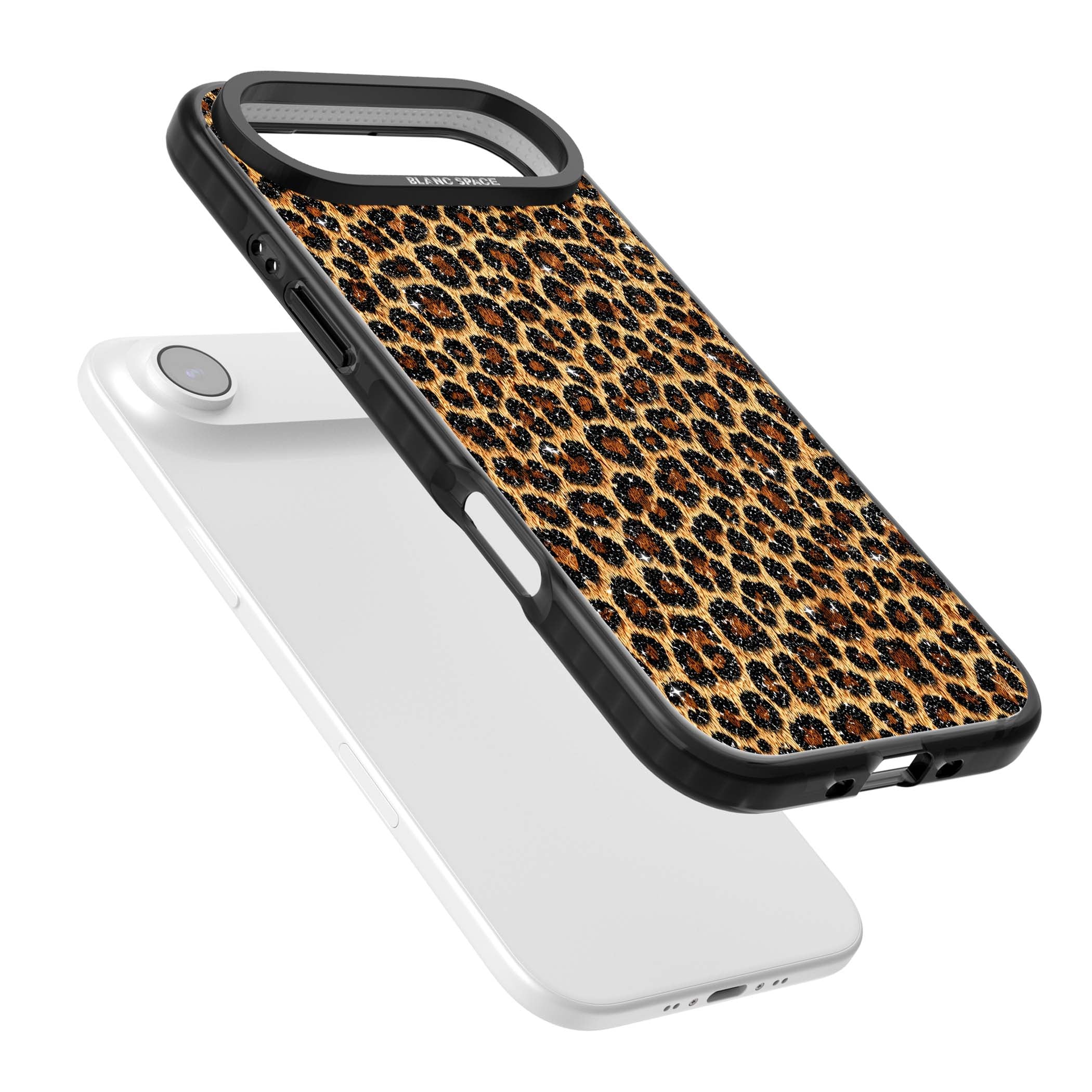 Diamond Leopard leopard print iPhone case featuring golden tan fur, black rosette spots and subtle glitter sparkle | Clear Impact case for iPhone Air