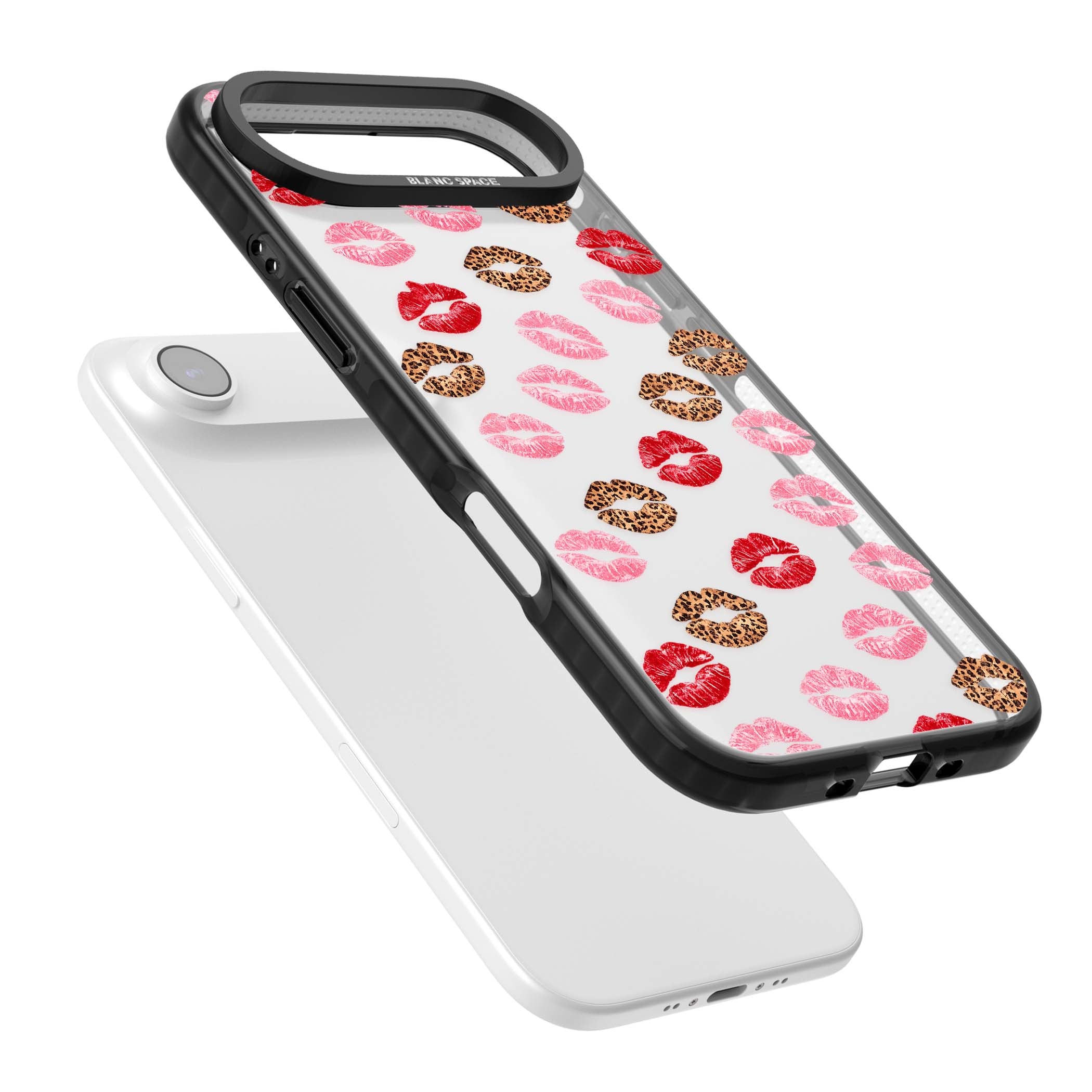 Wild Kisses coquette iPhone case featuring red, pink and leopard print lipstick kiss marks on a clear background | Clear Impact case for iPhone Air