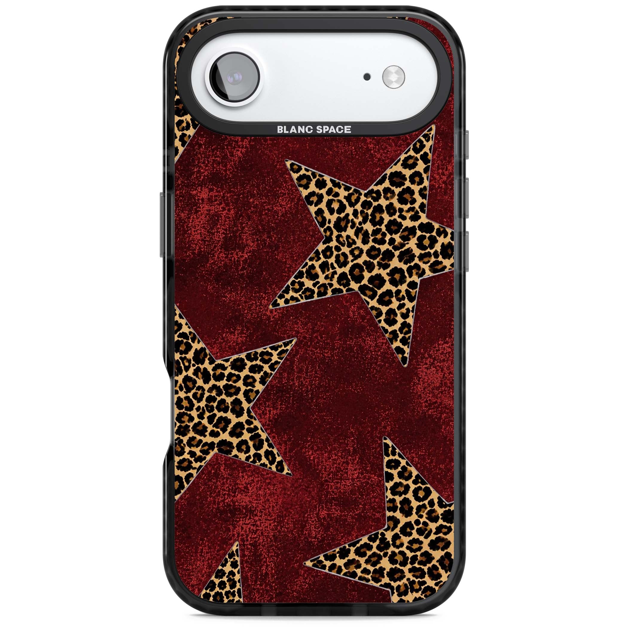 Showgirl leopard print iPhone case featuring cheetah print stars on distressed red grunge background | Clear Impact case for iPhone Air