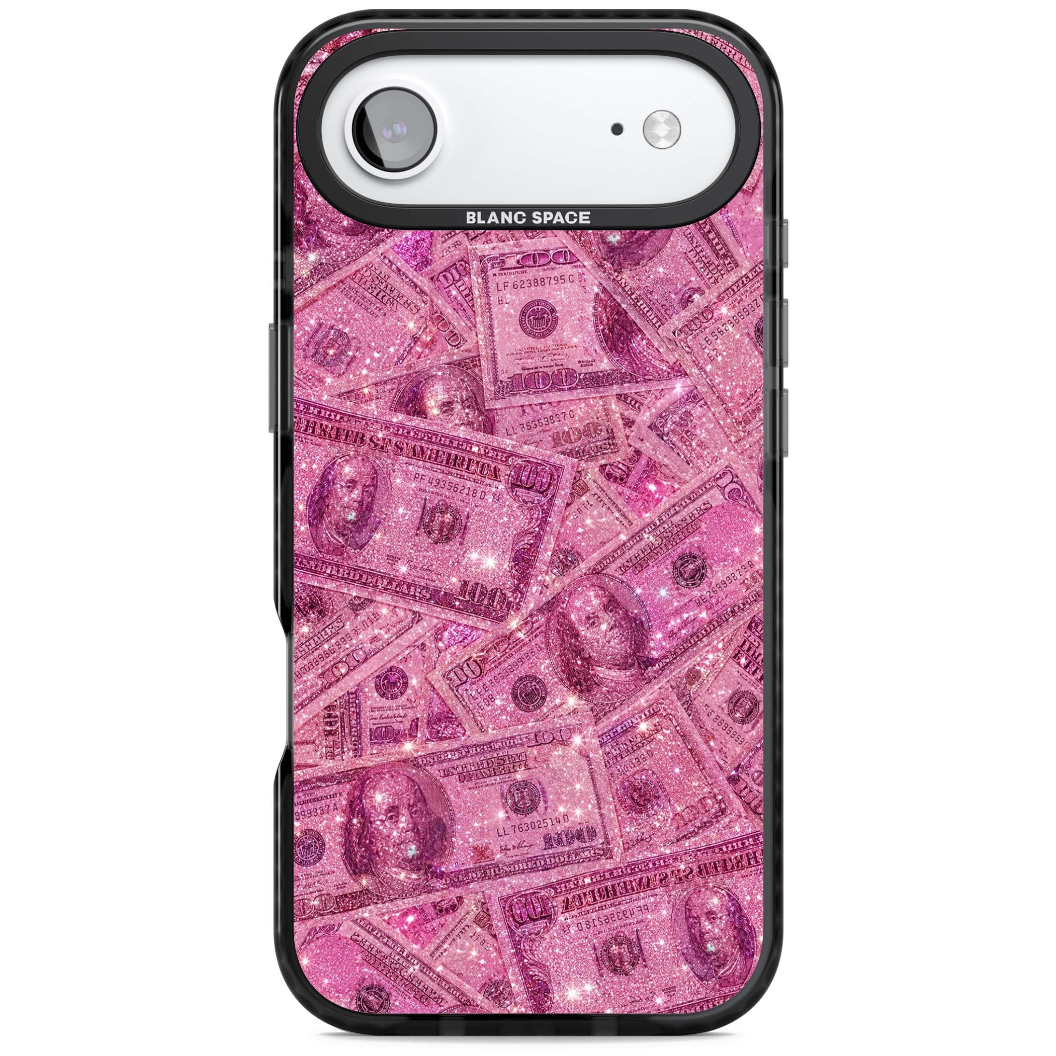 Glamorous baddie iPhone case featuring pink glitter hundred dollar bills and sparkling money wallpaper design | Clear Impact case for iPhone Air