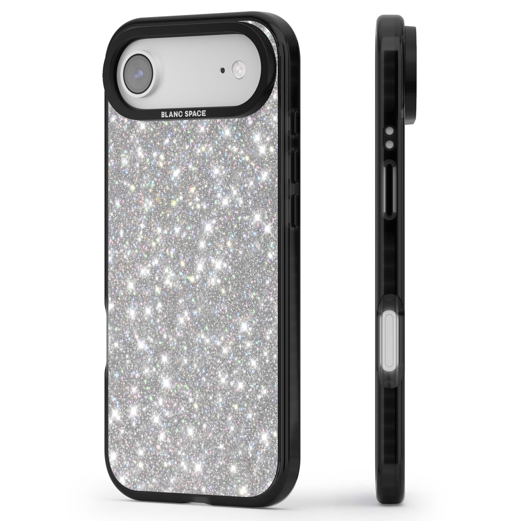 Diamond glam iPhone case featuring silver glitter sparkle and shimmering diamond dust effect | Clear Impact case for iPhone Air