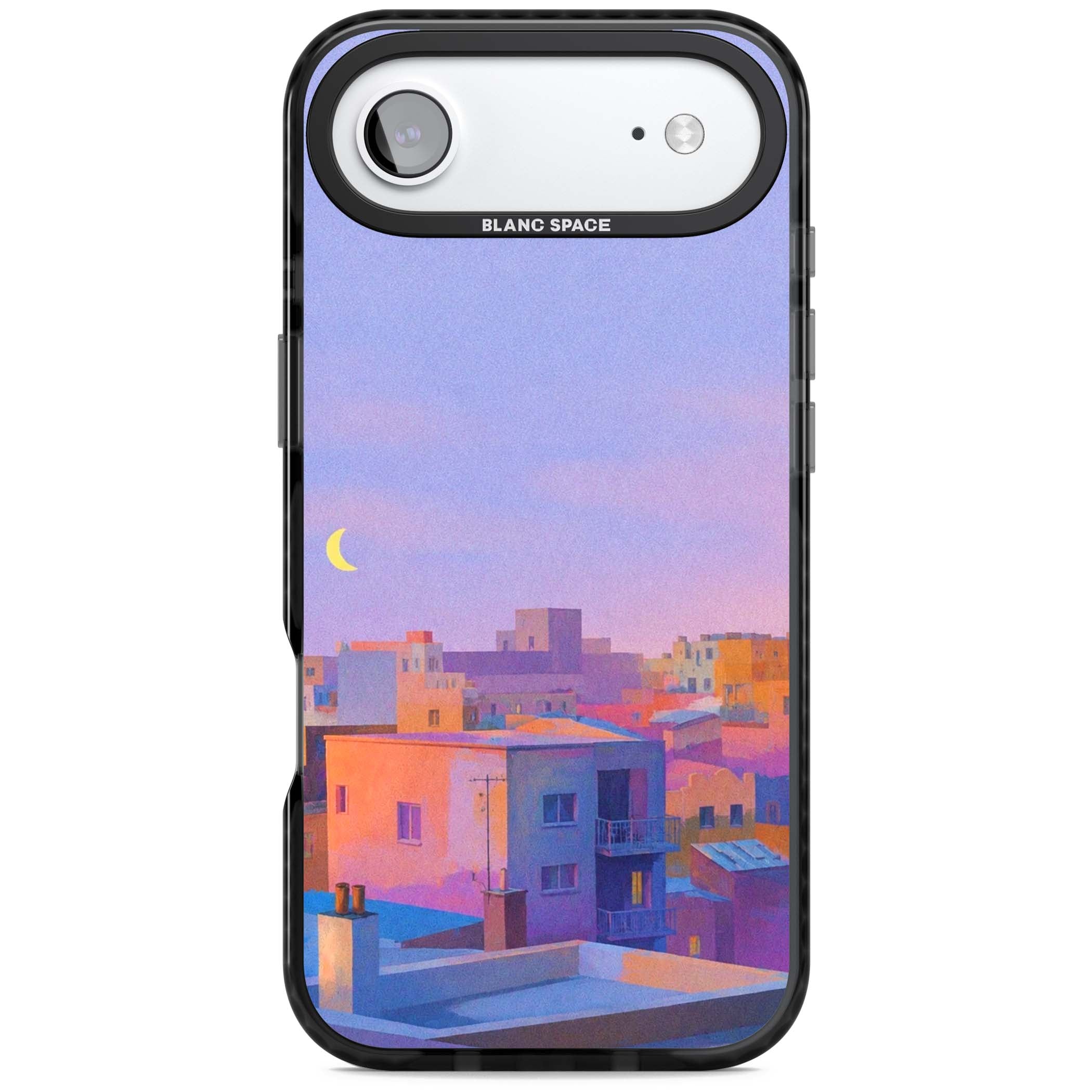 Twilight Rooftops vaporwave iPhone case featuring a pastel sunset cityscape, painted rooftops and a crescent moon. | Clear Impact case for iPhone Air