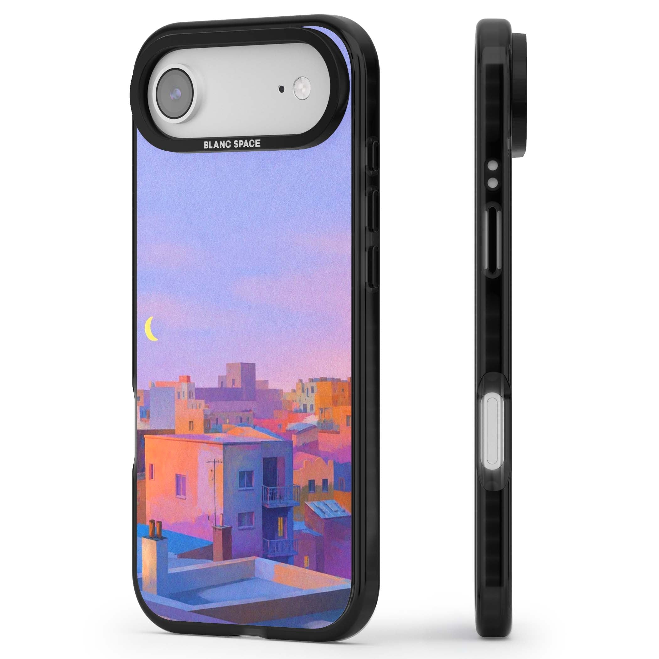 Twilight Rooftops vaporwave iPhone case featuring a pastel sunset cityscape, painted rooftops and a crescent moon. | Clear Impact case for iPhone Air