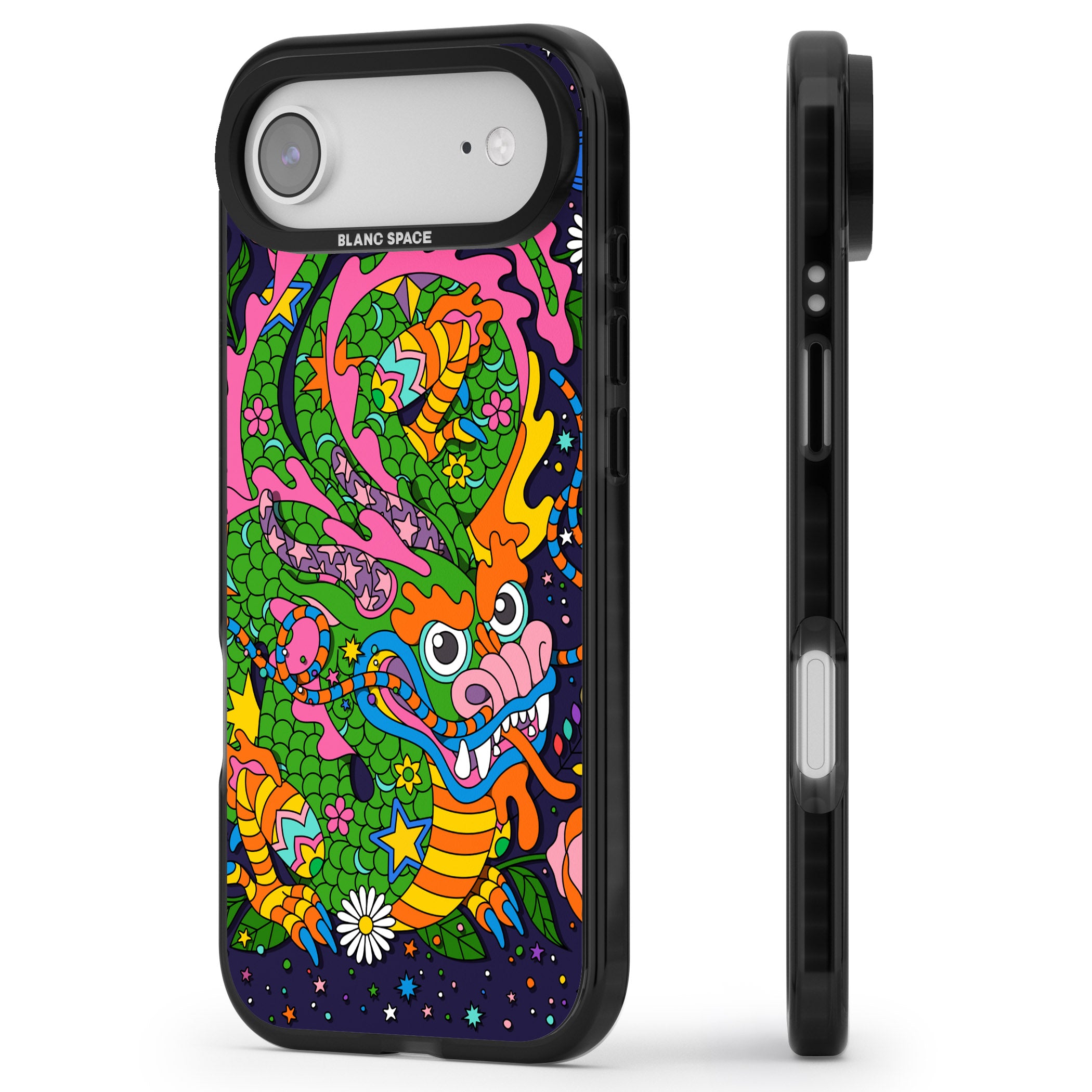 Psychedelic Jungle Dragon (Purple) iPhone 17 Air Impact Black Phone Case Side Profile