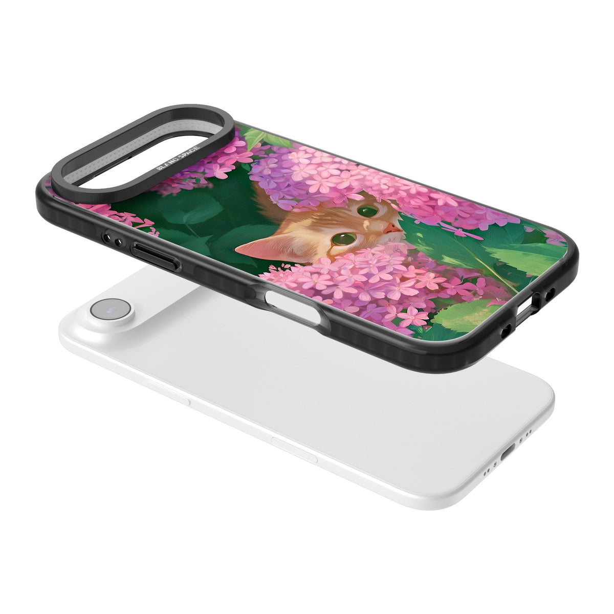 Cat In Pink Flowers iPhone Air Impact Black Phone Case angled