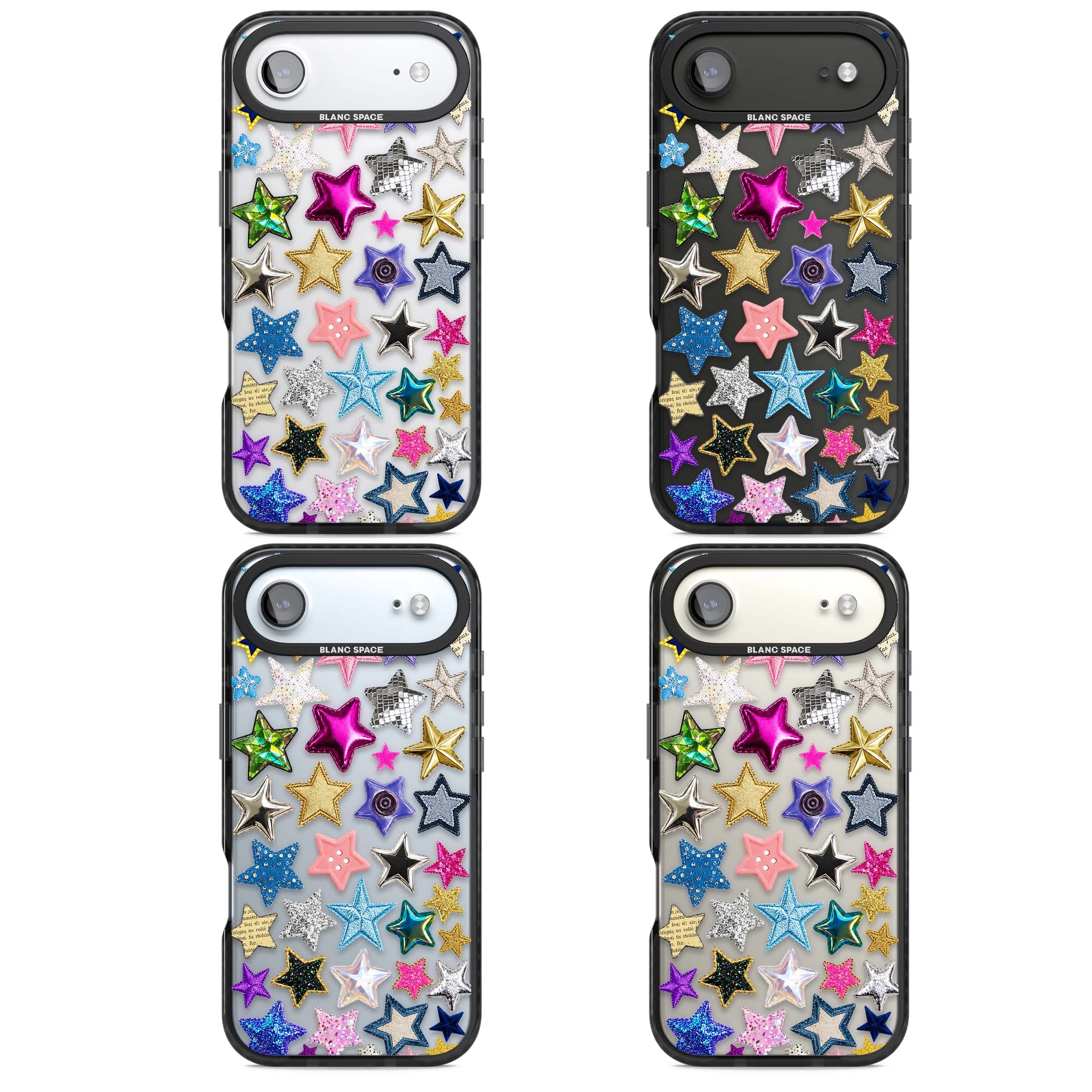 Crafty Star Mix Y2K iPhone case featuring embroidered, sequinned and glitter star patches in rainbow colours | Clear Impact case for iPhone Air