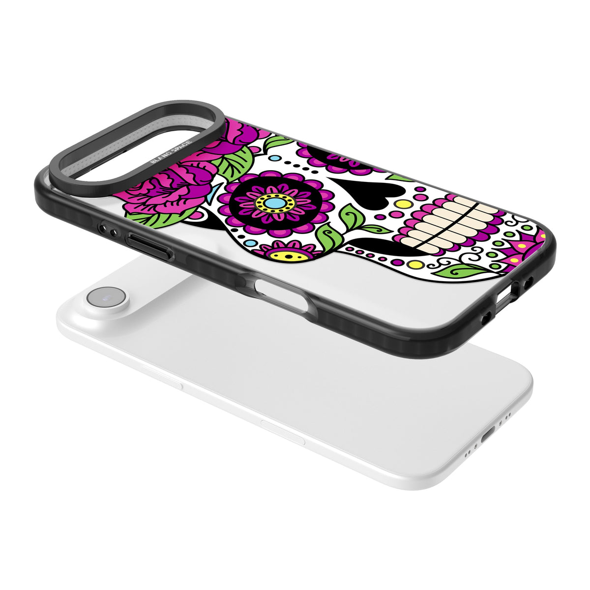 Purple Floral Sugar Skull iPhone Air Impact Black Phone Case angled