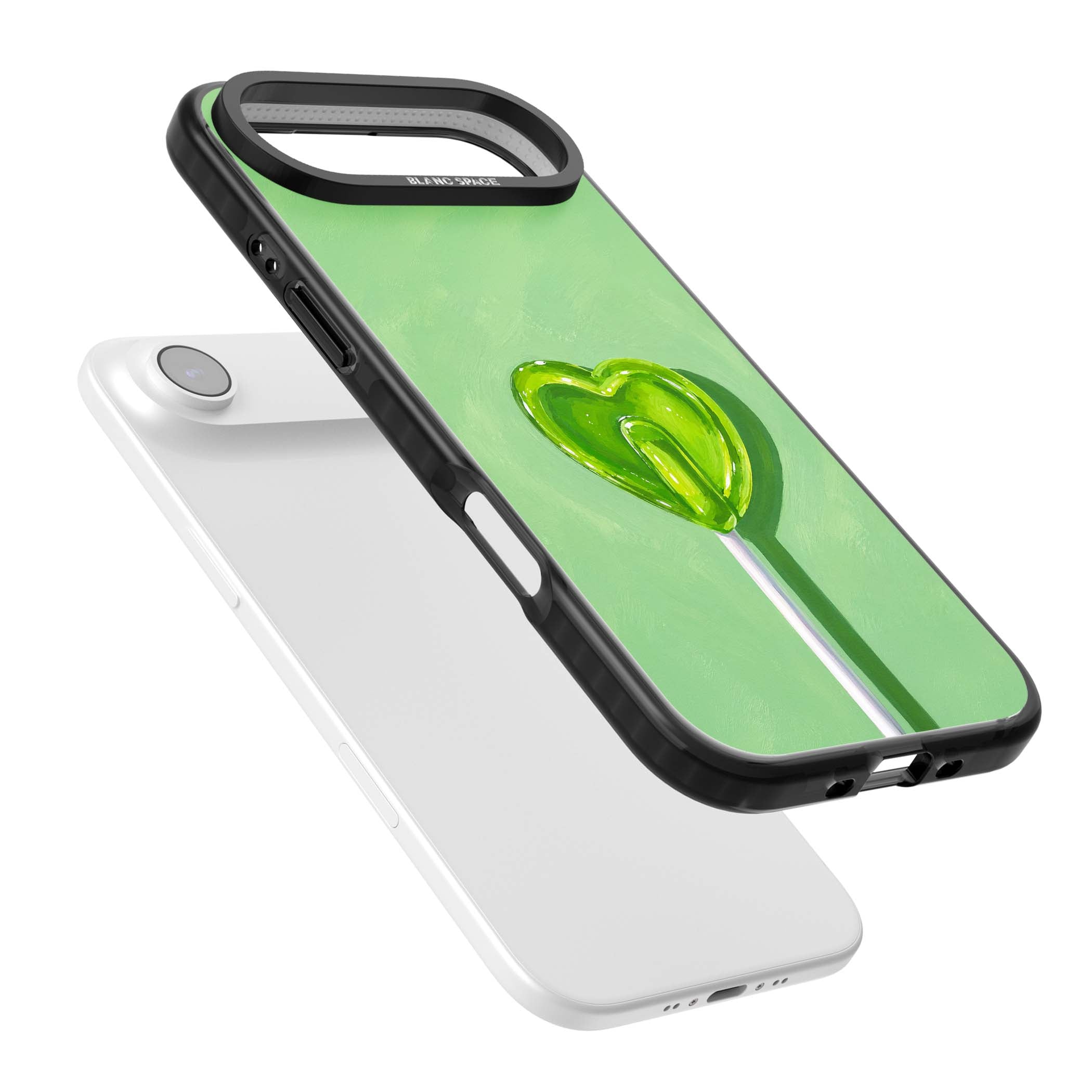 Green Lollipop candy art iPhone case featuring a glossy green heart-shaped lollipop on a painted pastel green background | Clear Impact case for iPhone Air
