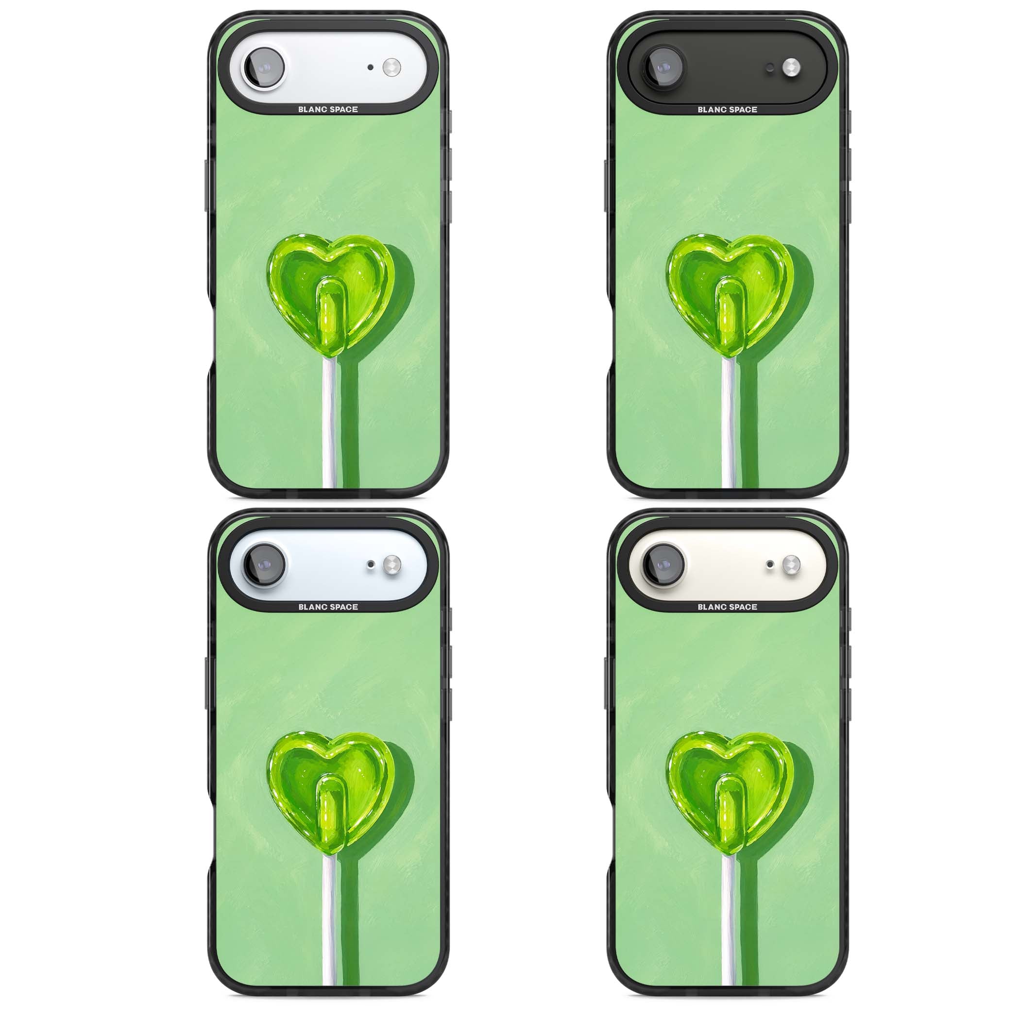 Green Lollipop candy art iPhone case featuring a glossy green heart-shaped lollipop on a painted pastel green background | Clear Impact case for iPhone Air