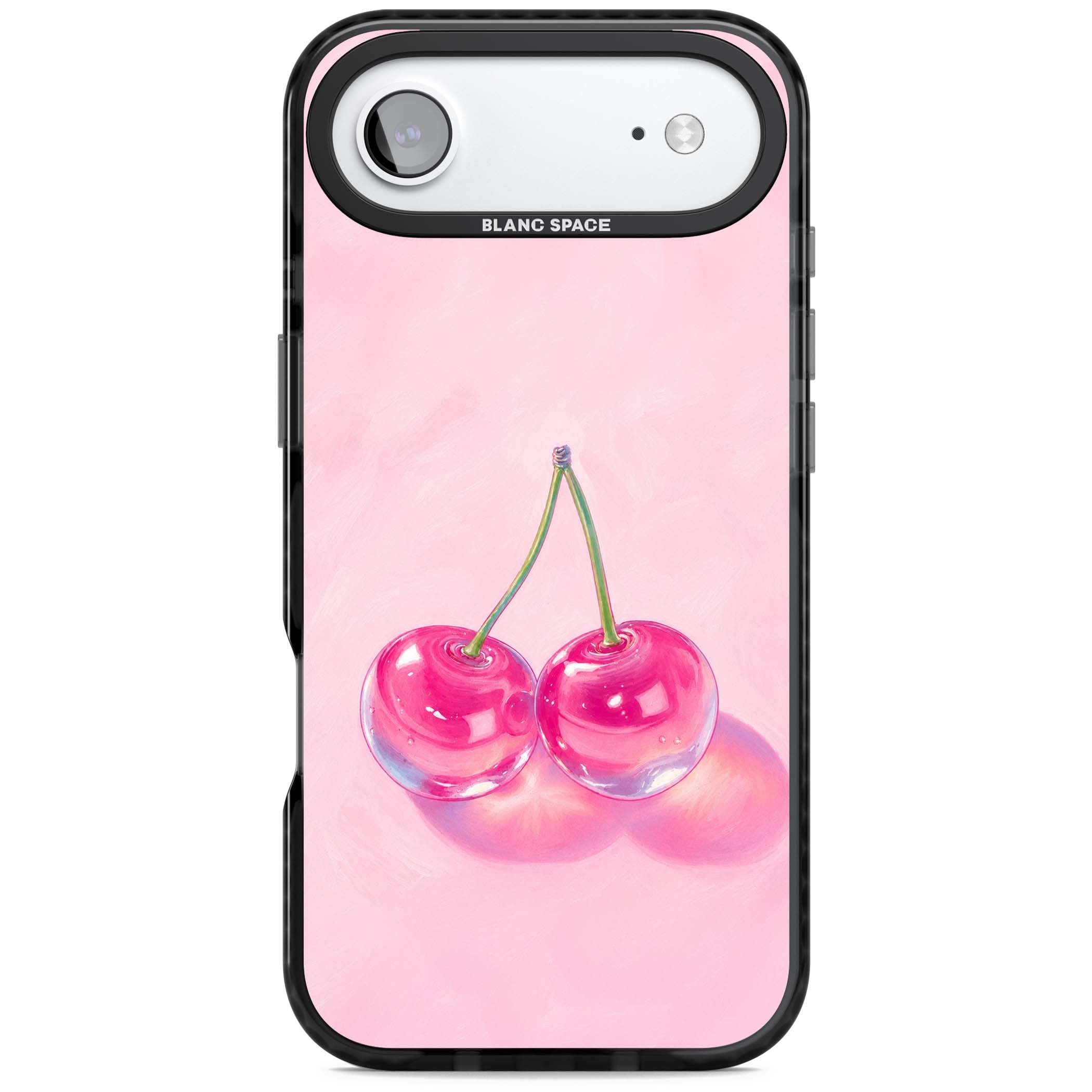 Pink Glass Cherry coquette iPhone case featuring two glossy painted cherries on a soft pink background | Clear Impact case for iPhone Air