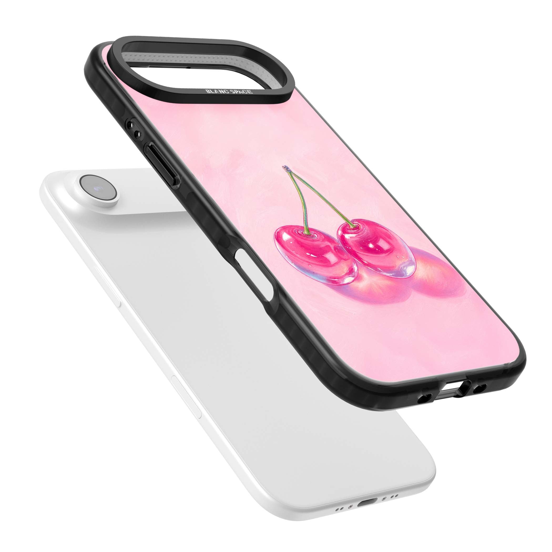 Pink Glass Cherry coquette iPhone case featuring two glossy painted cherries on a soft pink background | Clear Impact case for iPhone Air