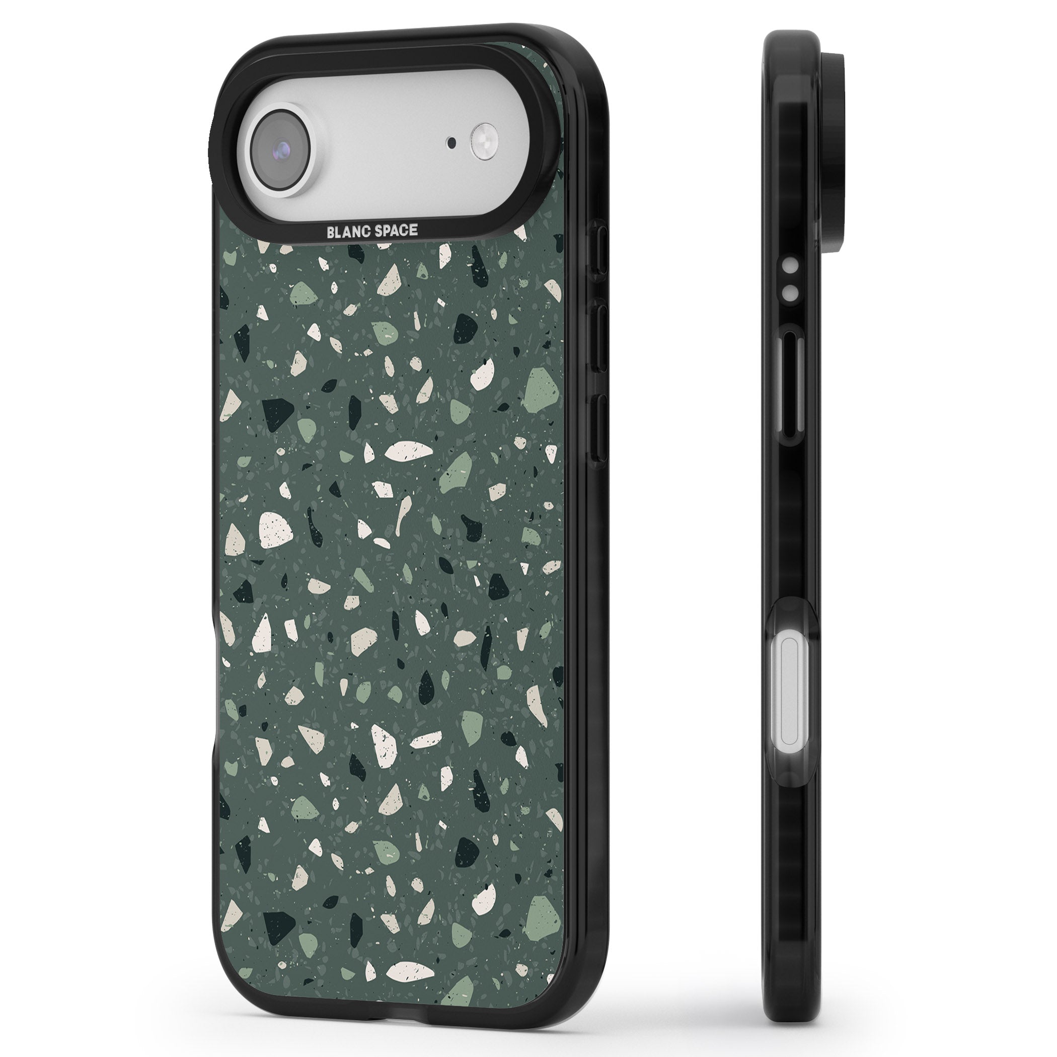 Green & Cream Terrazzo Pattern iPhone 17 Air Impact Black Phone Case Side Profile