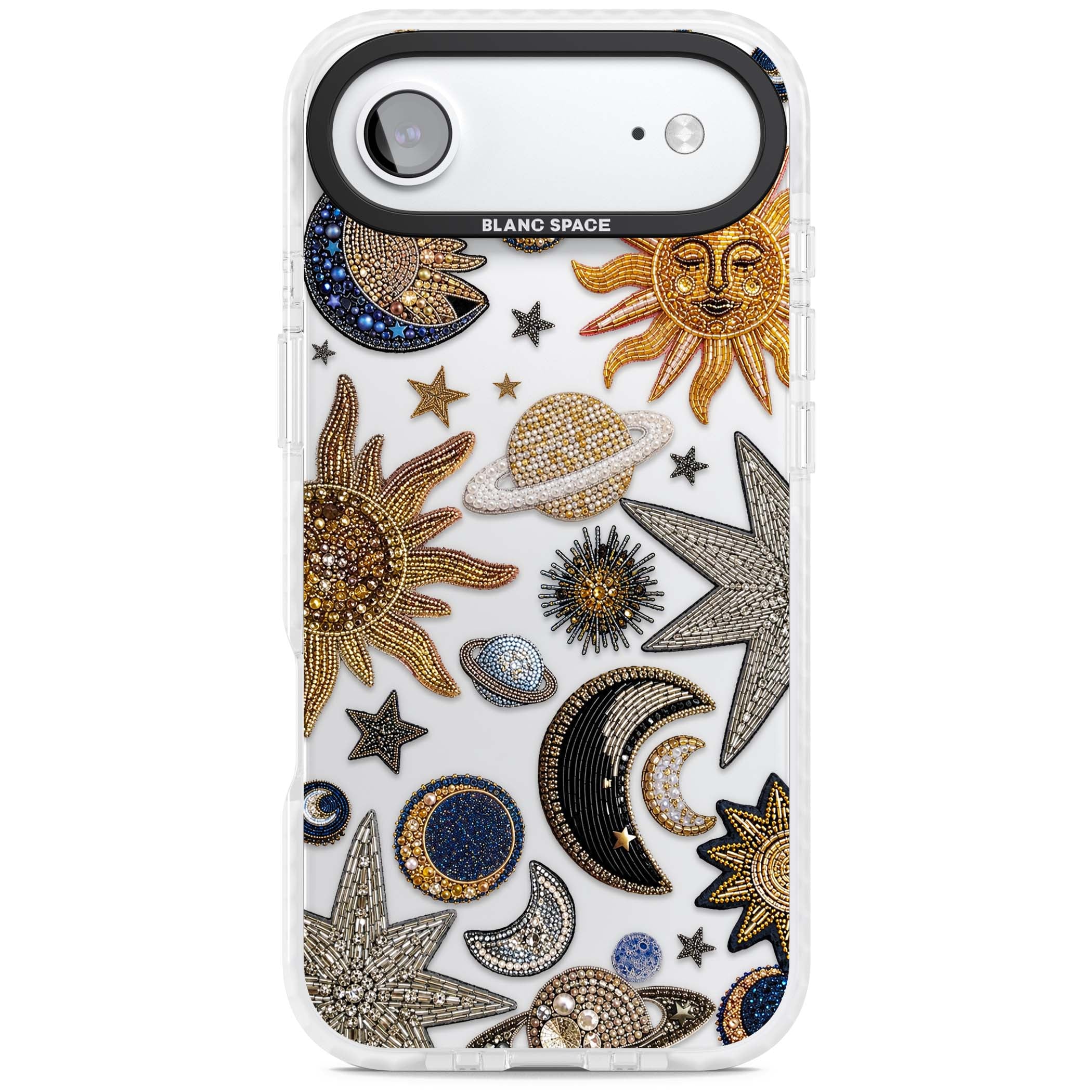 Beaded Cosmos celestial iPhone case featuring embroidered golden suns, beaded planets and silver shooting stars | Black Impact case for iPhone Air