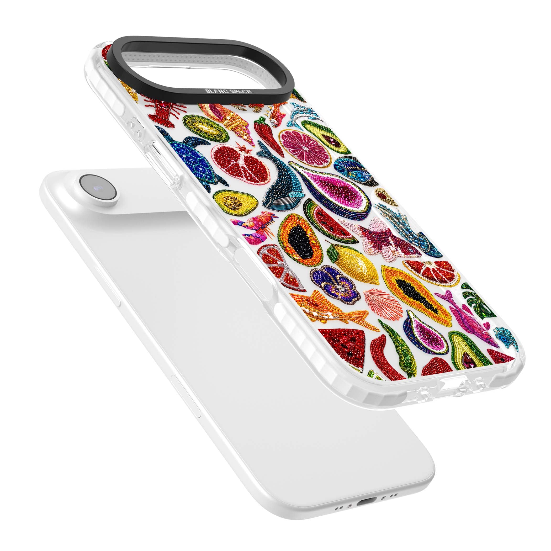 Beaded Tropic tropical iPhone case featuring beaded fruit, fish, crabs and seashells in vibrant colour | Black Impact case for iPhone Air