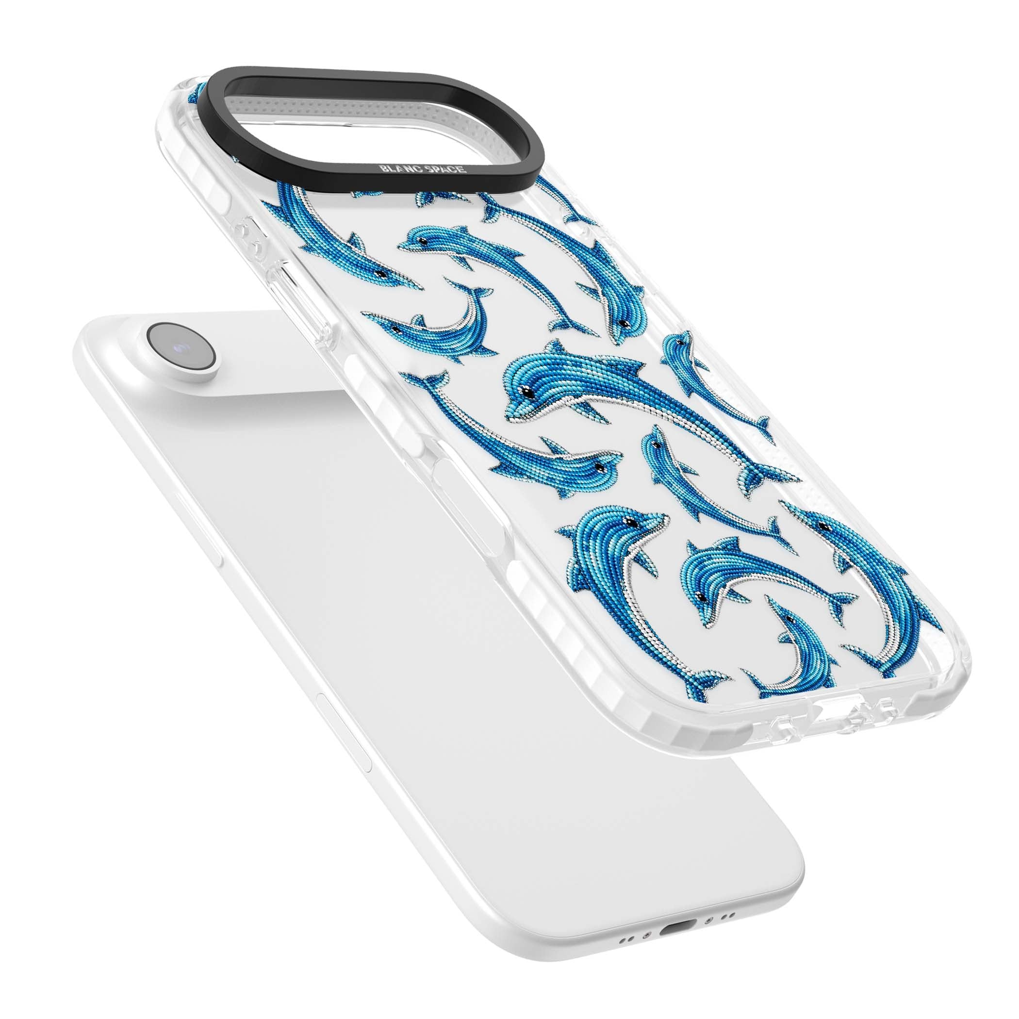 Beaded Dolphins coastal iPhone case featuring beaded dolphins in blue and white swimming across a clear background | Black Impact case for iPhone Air