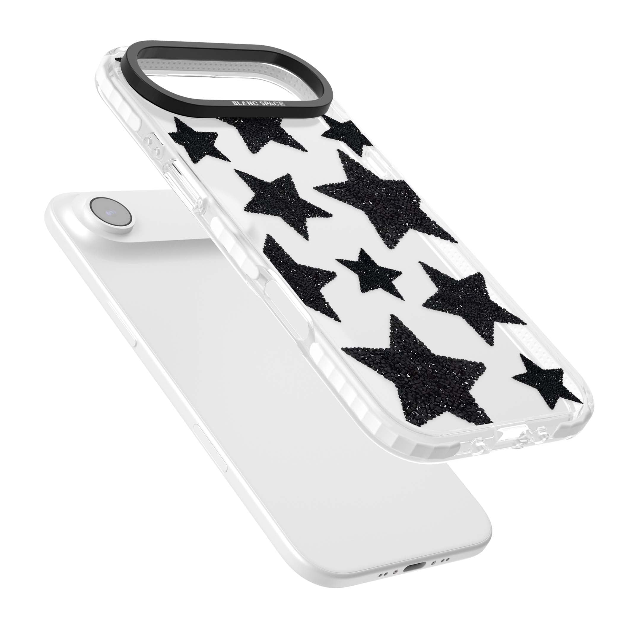 Beaded Black Stars celestial iPhone case featuring black glitter beaded stars scattered on a clear background | Black Impact case for iPhone Air