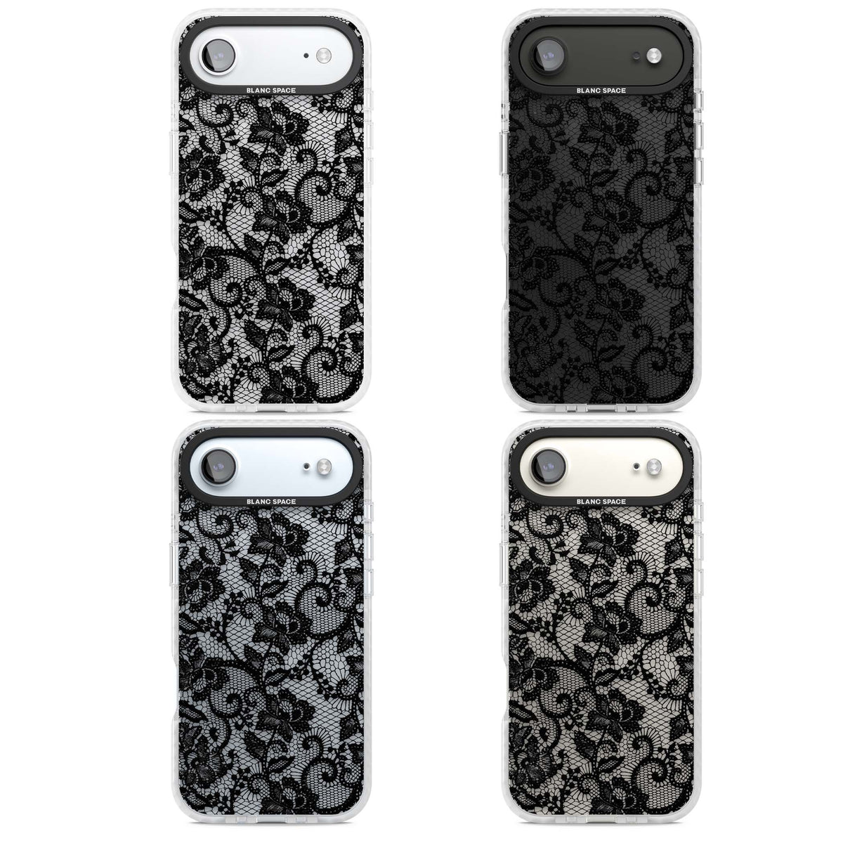 Black Lace gothic iPhone case featuring intricate black floral lace pattern with vintage whimsigoth detail | Black Impact case for iPhone Air