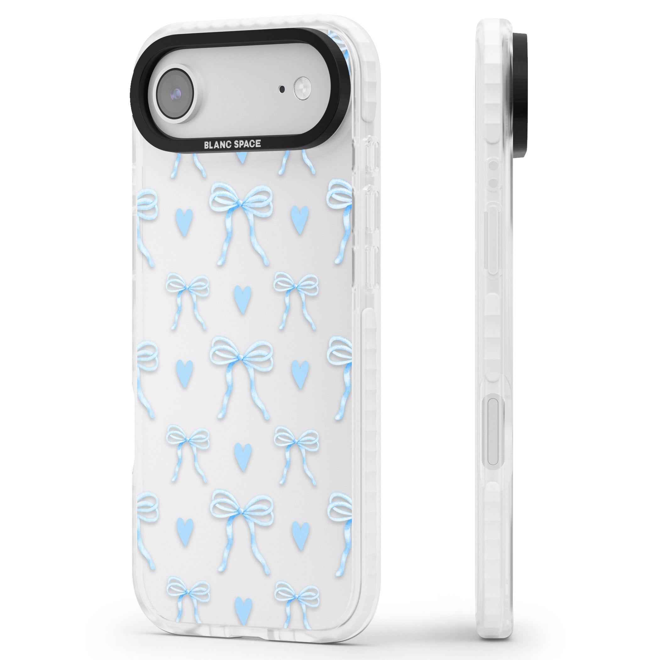 Blue Bows & Hearts iPhone 17 Air Impact Clear Phone Case Side Profile