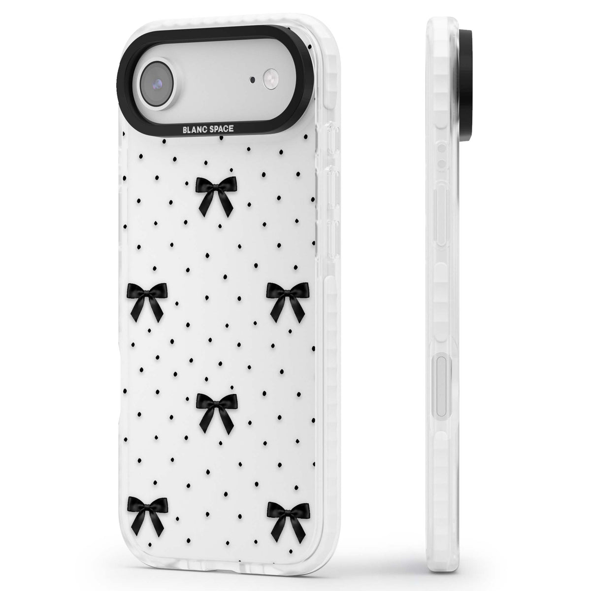 Black Polka Bows coquette iPhone case featuring scattered black satin bows and tiny polka dots on a clear base | Black Impact case for iPhone Air