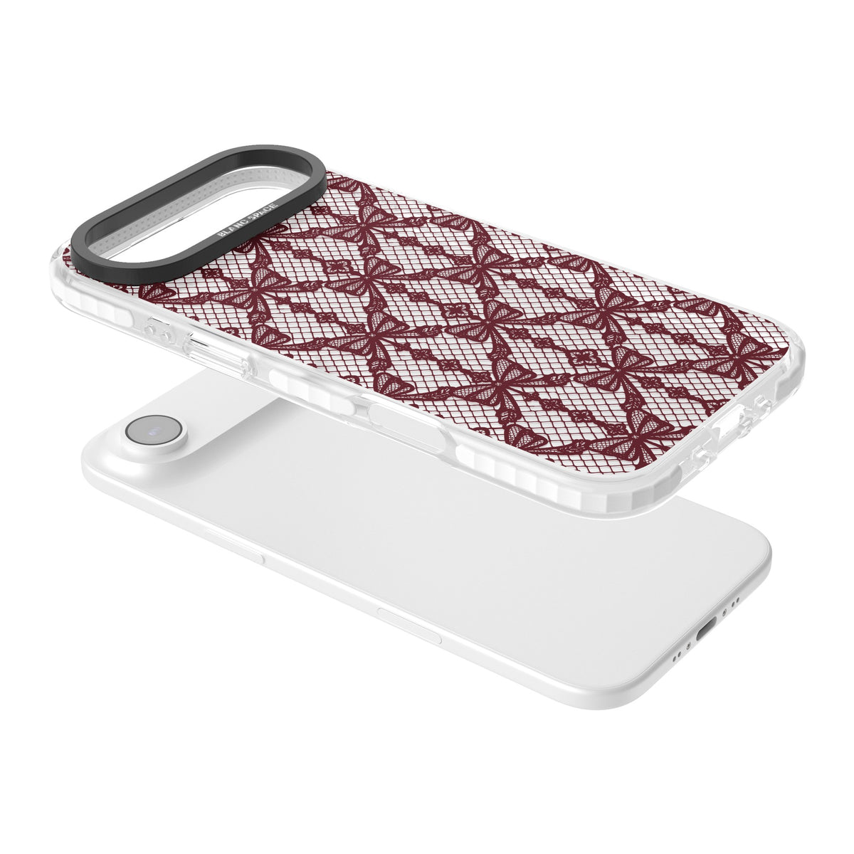 Burgundy Bow Lace coquette iPhone case featuring burgundy ribbon bows, fishnet mesh and vintage lace lattice iPhone Air / iPhone 17 Air Impact Clear Phone Case angled