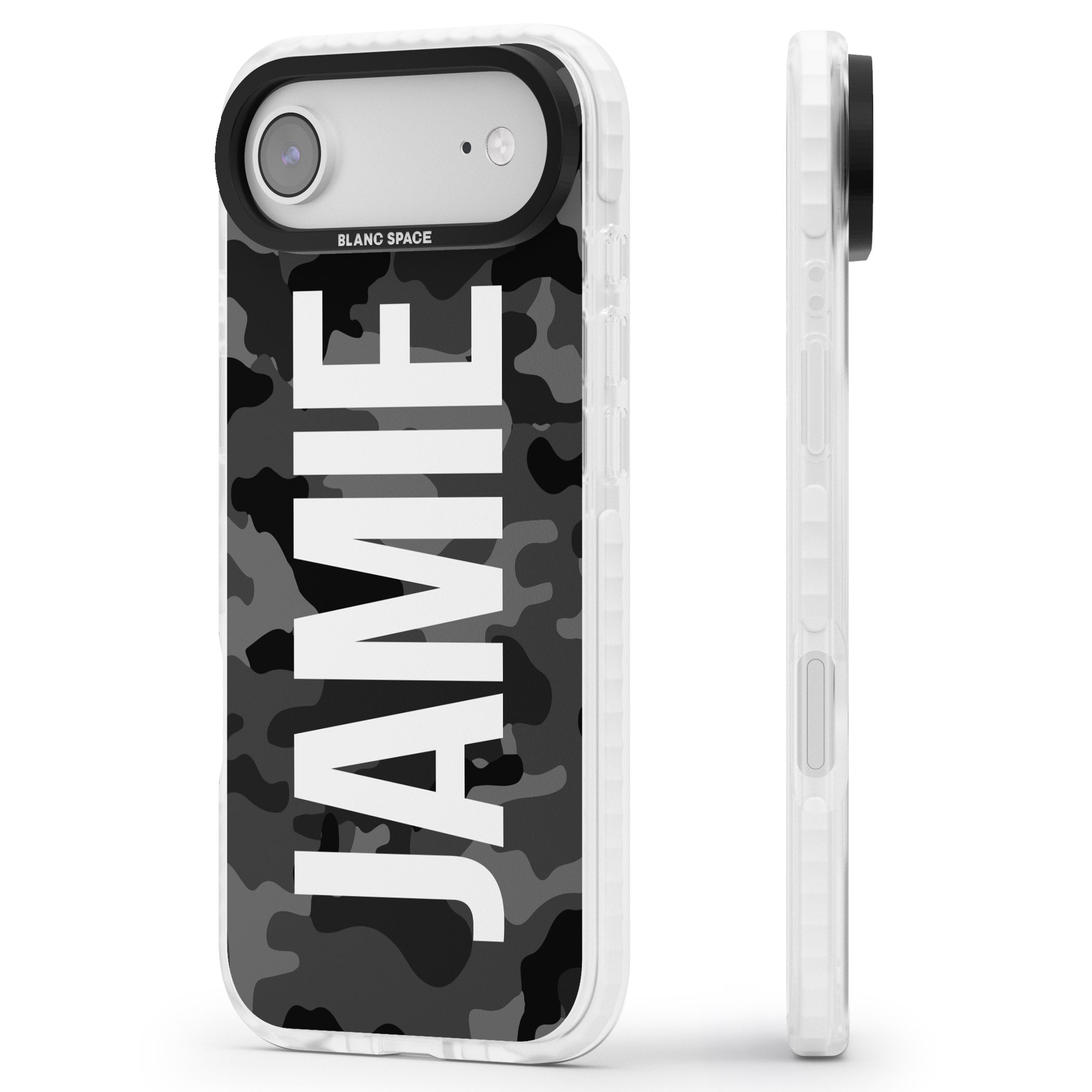 Personalised Black Camo Name Vertical iPhone 17 Air Impact Clear Phone Case Side Profile