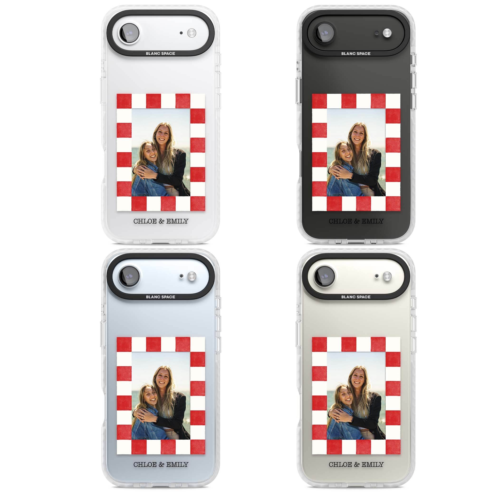 Red Check Photo personalised photo iPhone case with red and white checkered polaroid frame and custom couple name | Black Impact case for iPhone Air