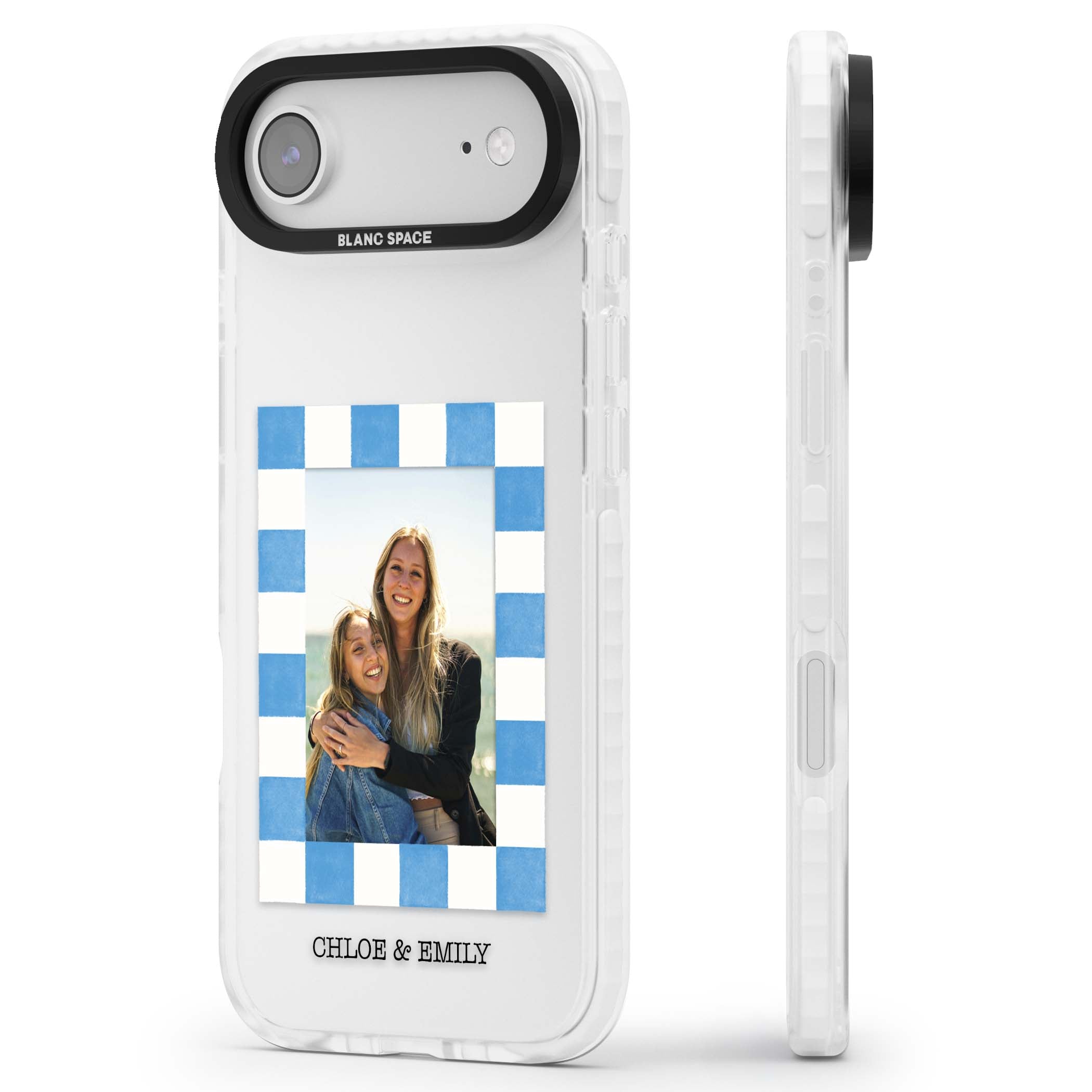 Blue Check Photo personalised photo iPhone case with blue checkered frame and custom couple names | Black Impact case for iPhone Air