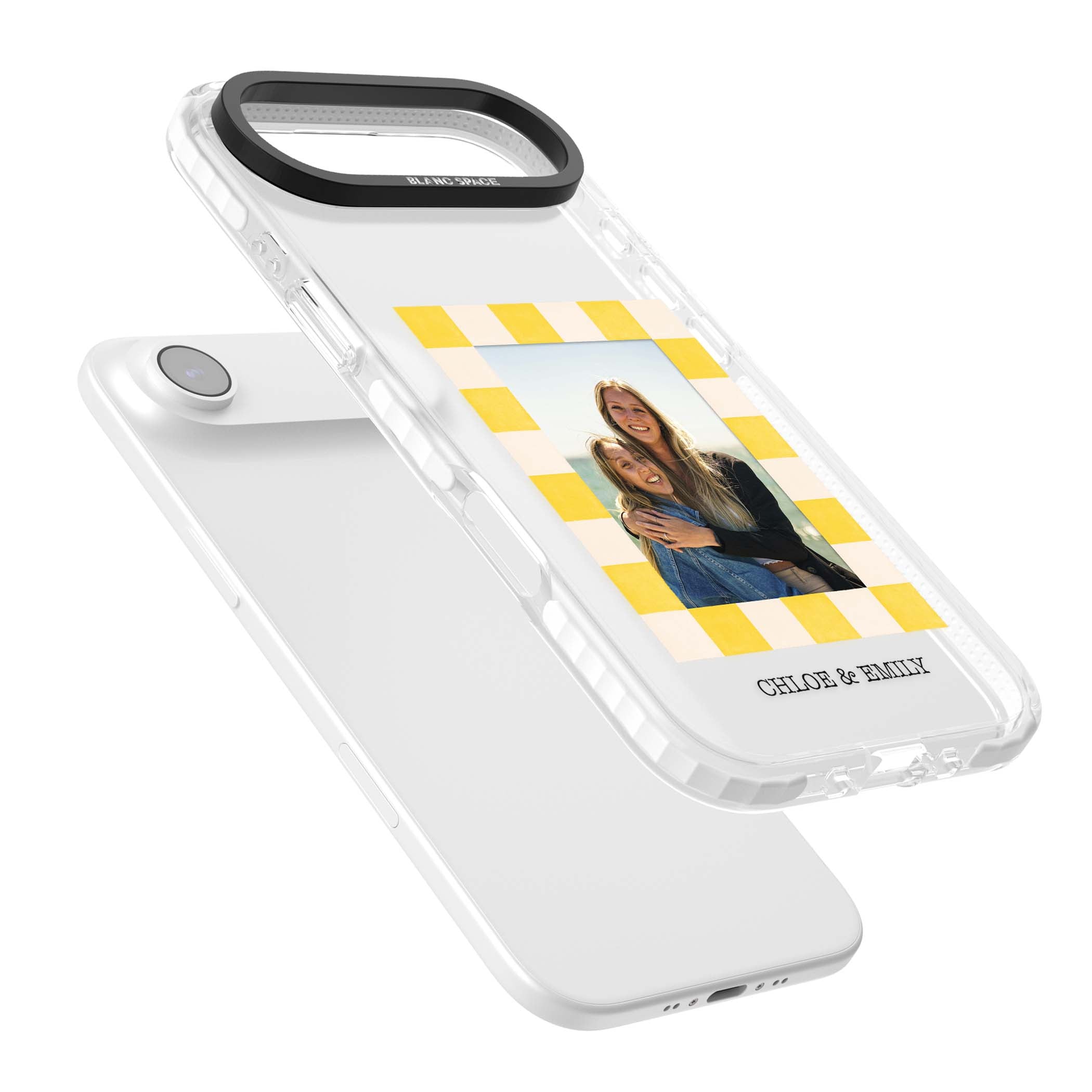 Yellow Check Photo personalised iPhone case with yellow checkered Polaroid frame and custom names beneath | Black Impact case for iPhone Air