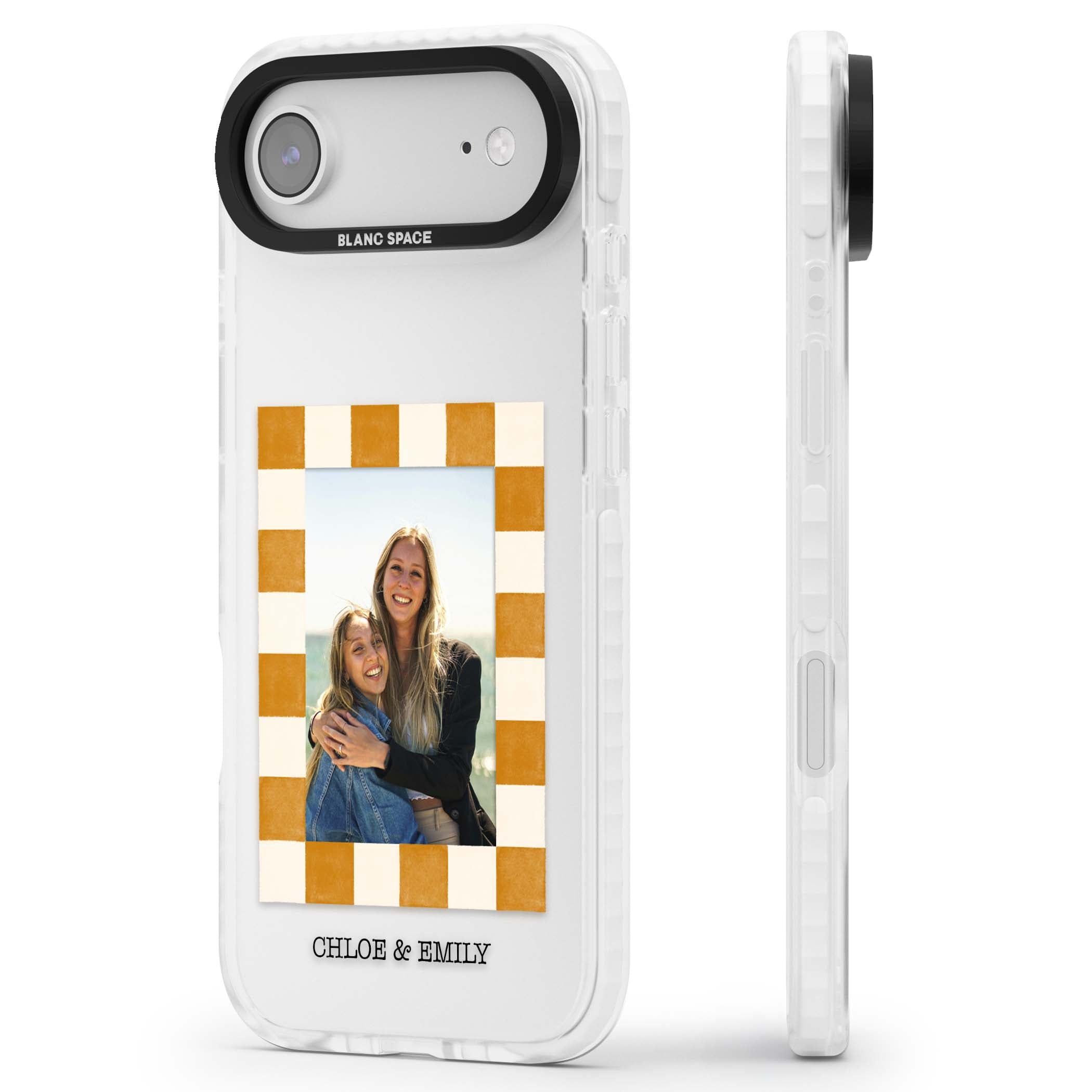 Citrus Check Photo personalised iPhone case with custom photo, orange checkered frame and names underneath | Black Impact case for iPhone Air