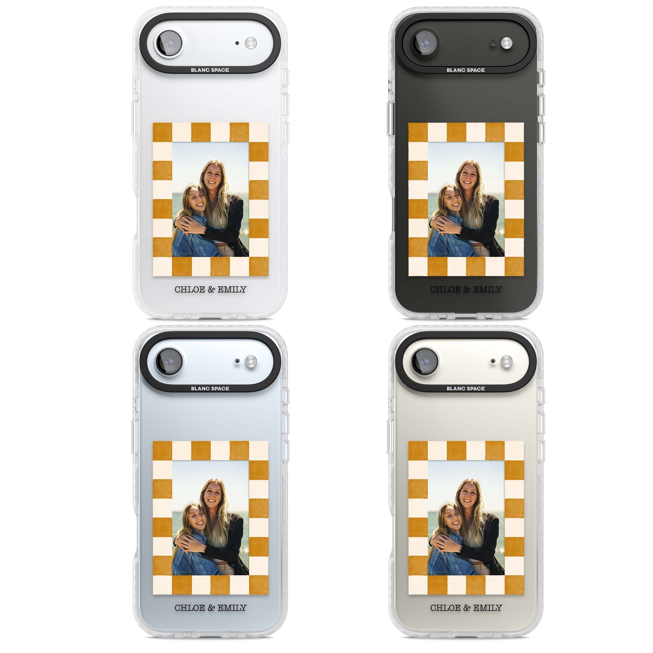 Citrus Check Photo personalised iPhone case with custom photo, orange checkered frame and names underneath | Black Impact case for iPhone Air