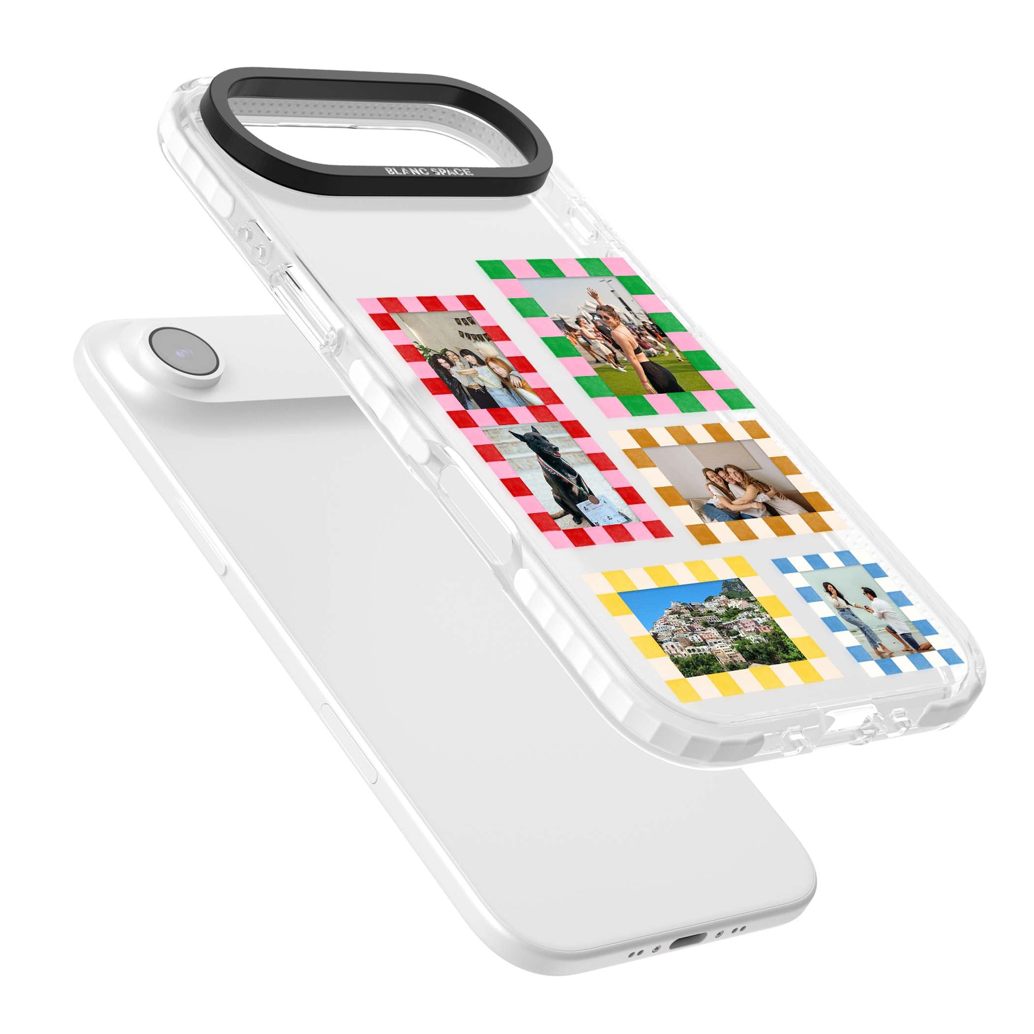 Italian Check Frames custom photo collage iPhone case featuring six checkered photo frames in red, green, pink and | Black Impact case for iPhone Air