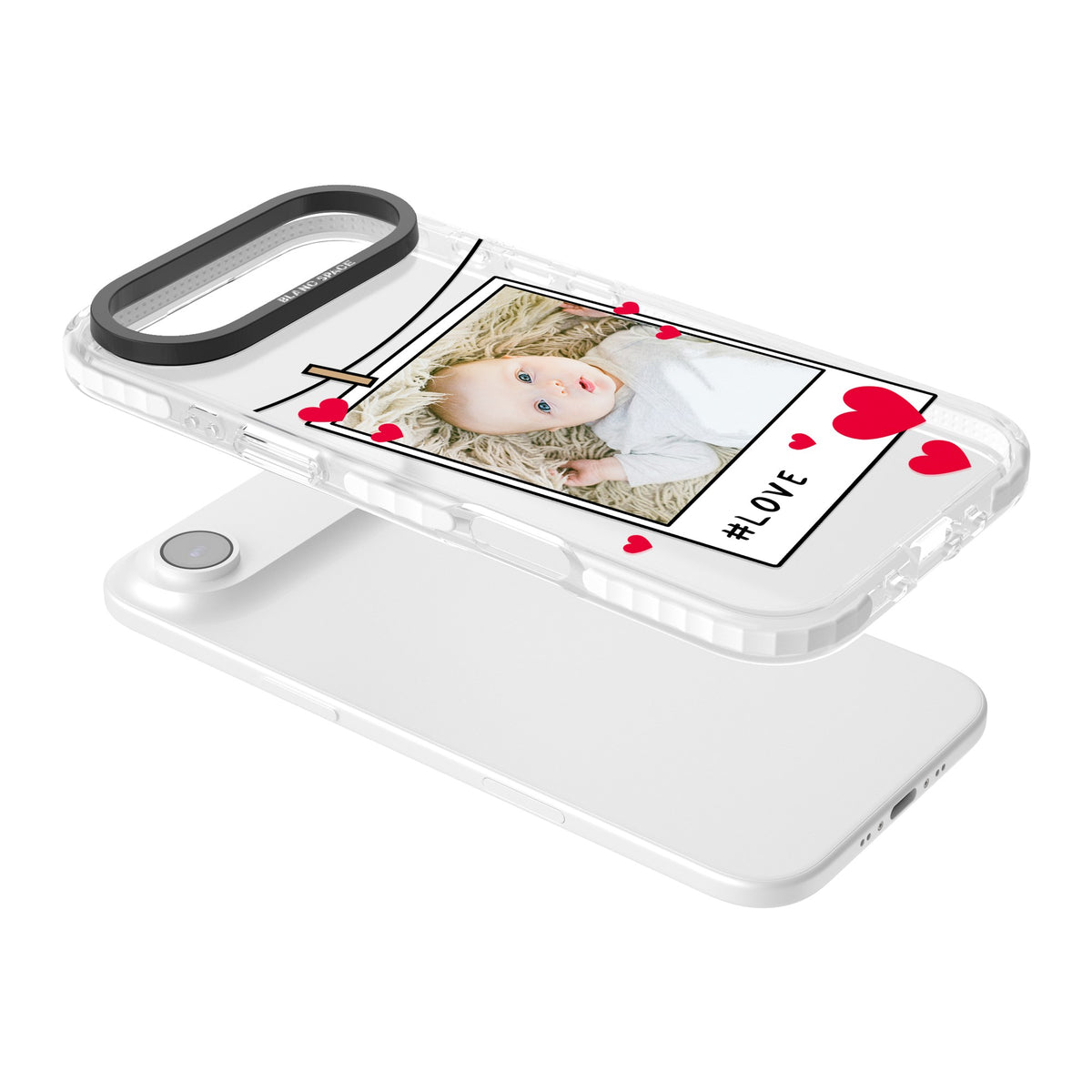 Personalised Paperclip & Hearts Polaroid iPhone Air Impact Clear Phone Case angled