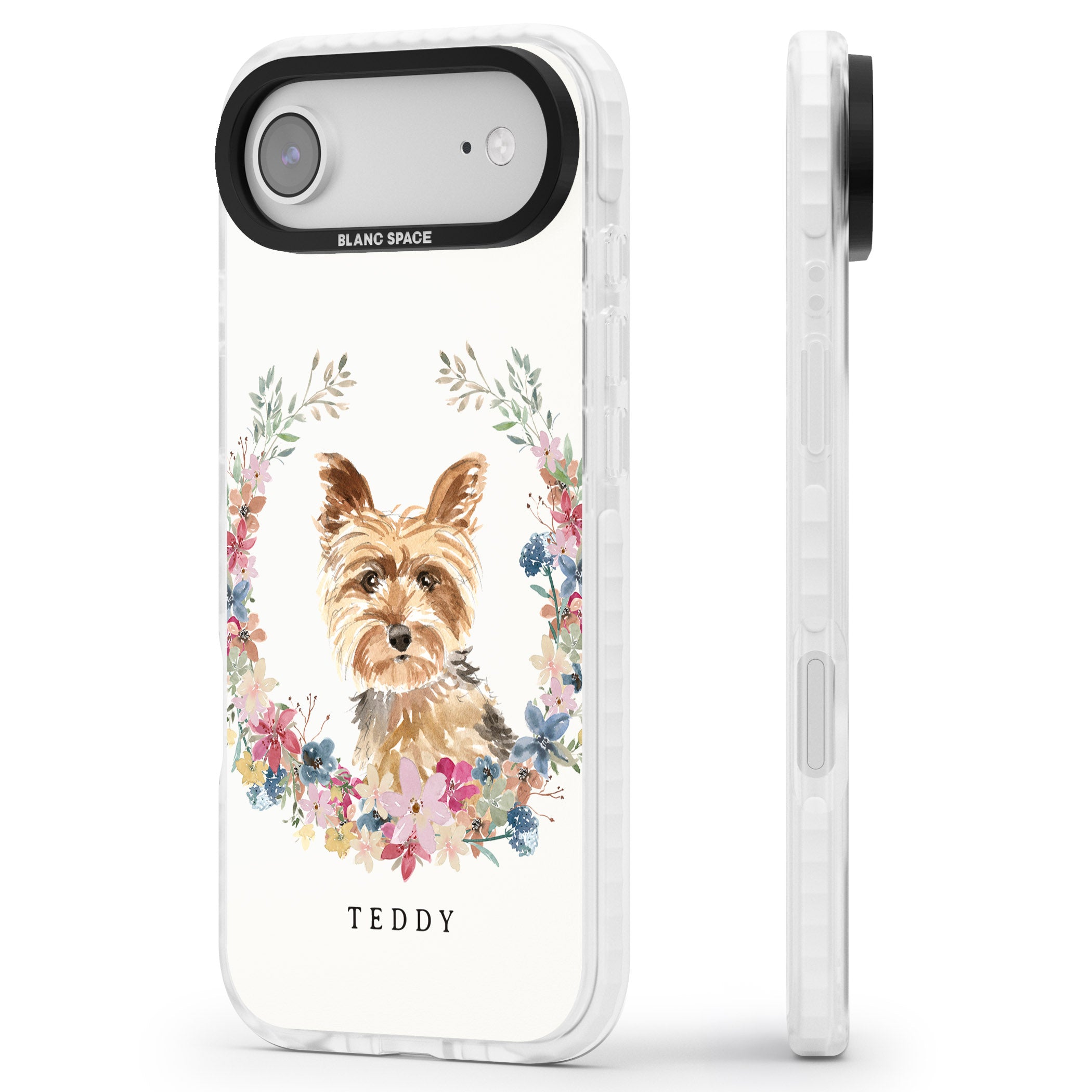 Personalised Yorkshire Terrier Floral Portrait iPhone 17 Air Impact Clear Phone Case Side Profile