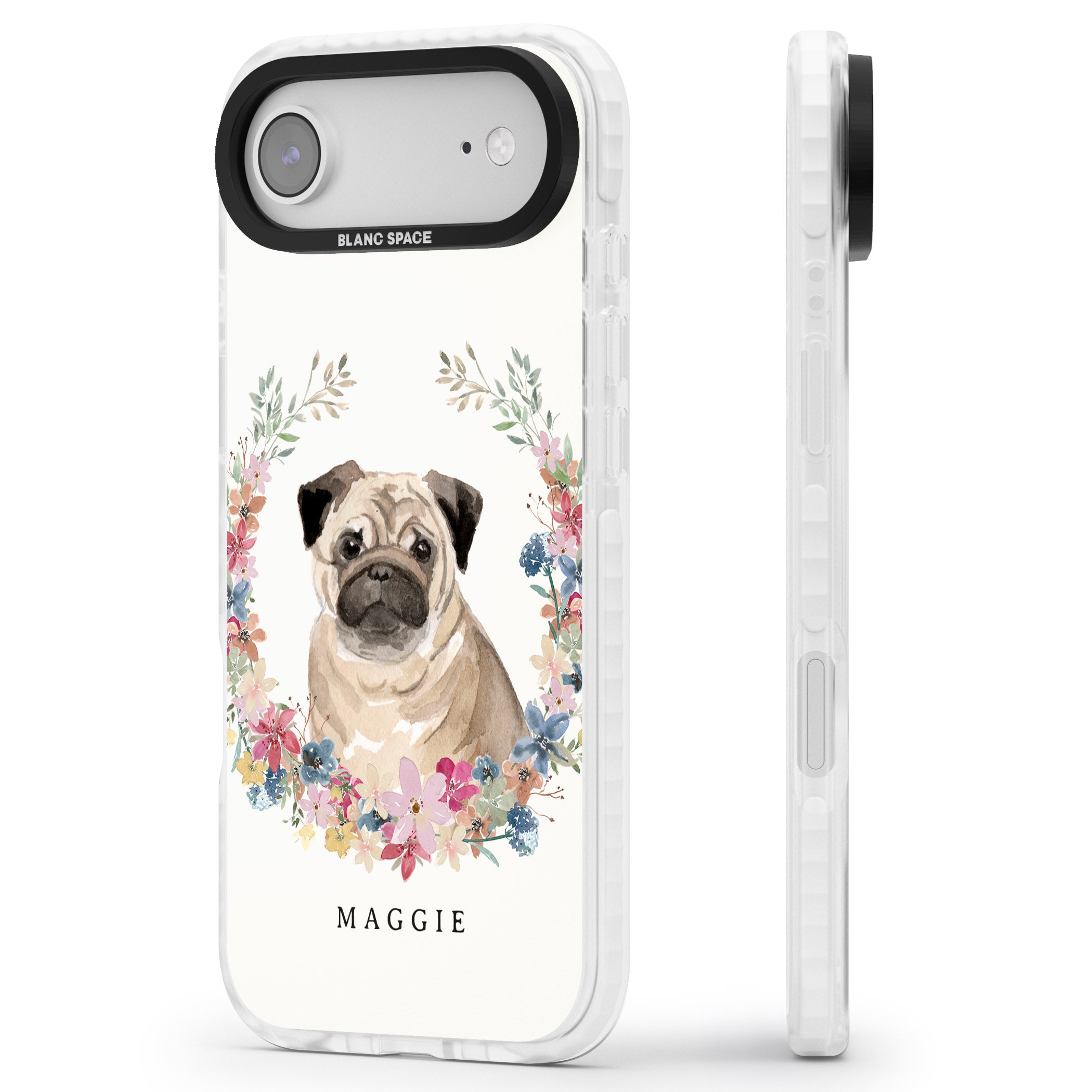 Personalised Pug Floral Portrait iPhone 17 Air Impact Clear Phone Case Side Profile