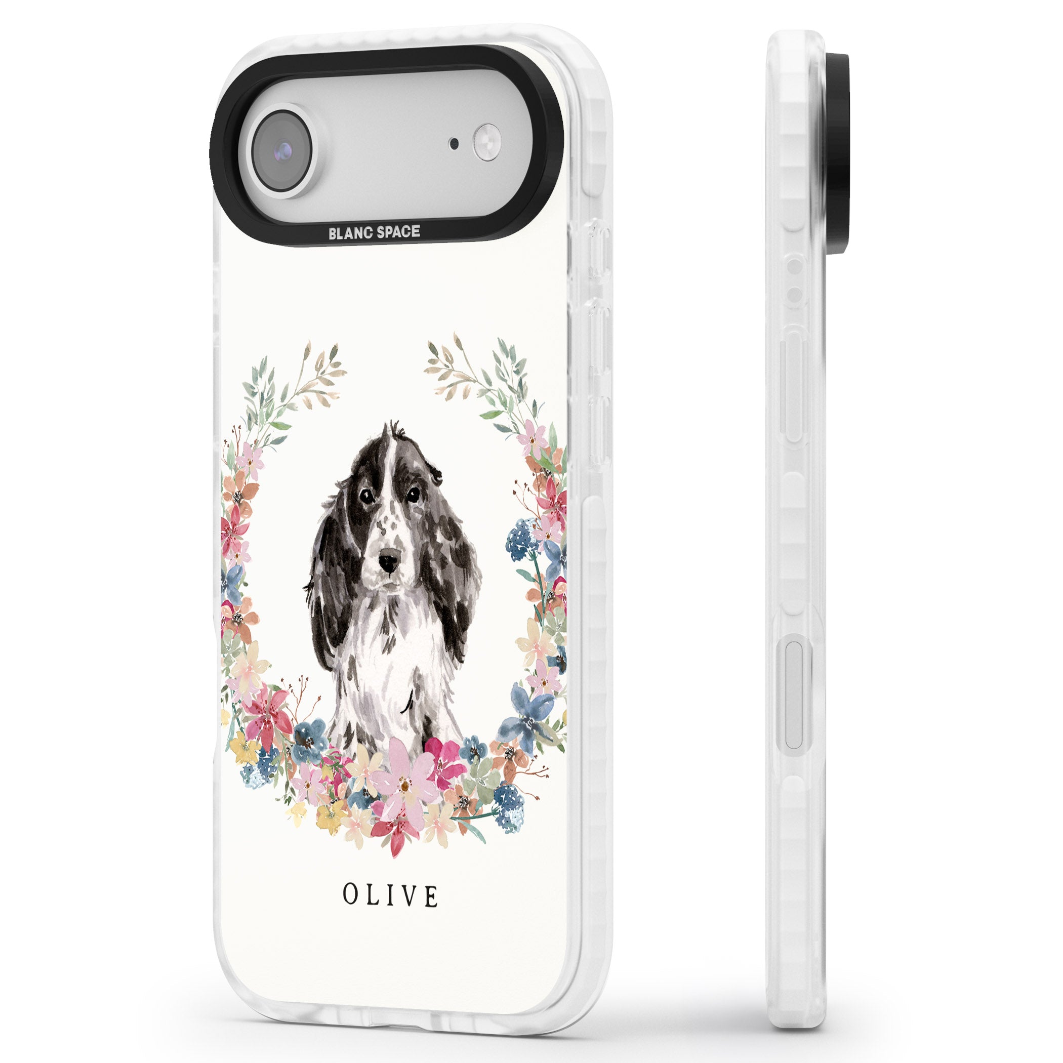Personalised Black Cocker Spaniel Floral Portrait iPhone 17 Air Impact Clear Phone Case Side Profile