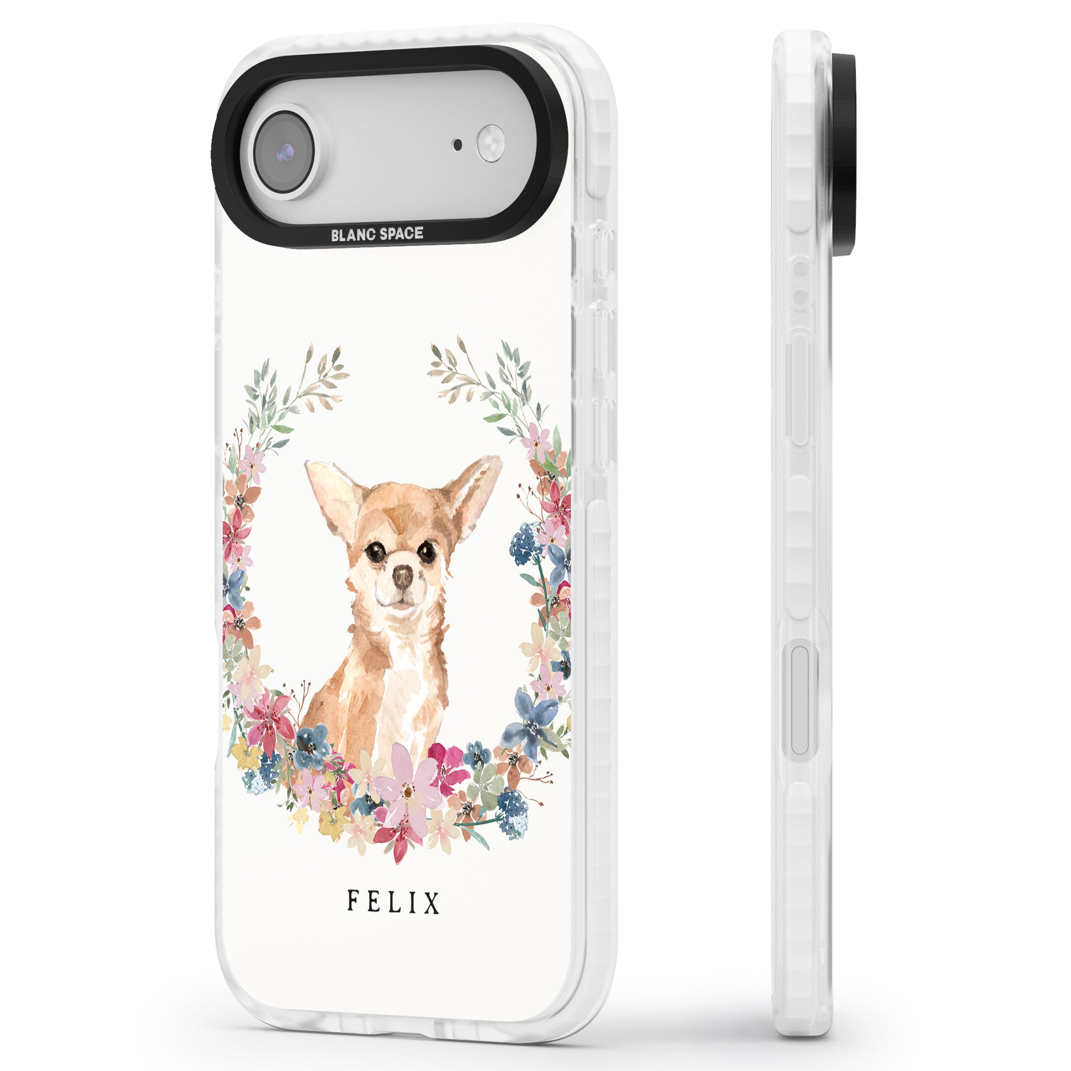 Personalised Chihuahua Floral Portrait iPhone 17 Air Impact Clear Phone Case Side Profile