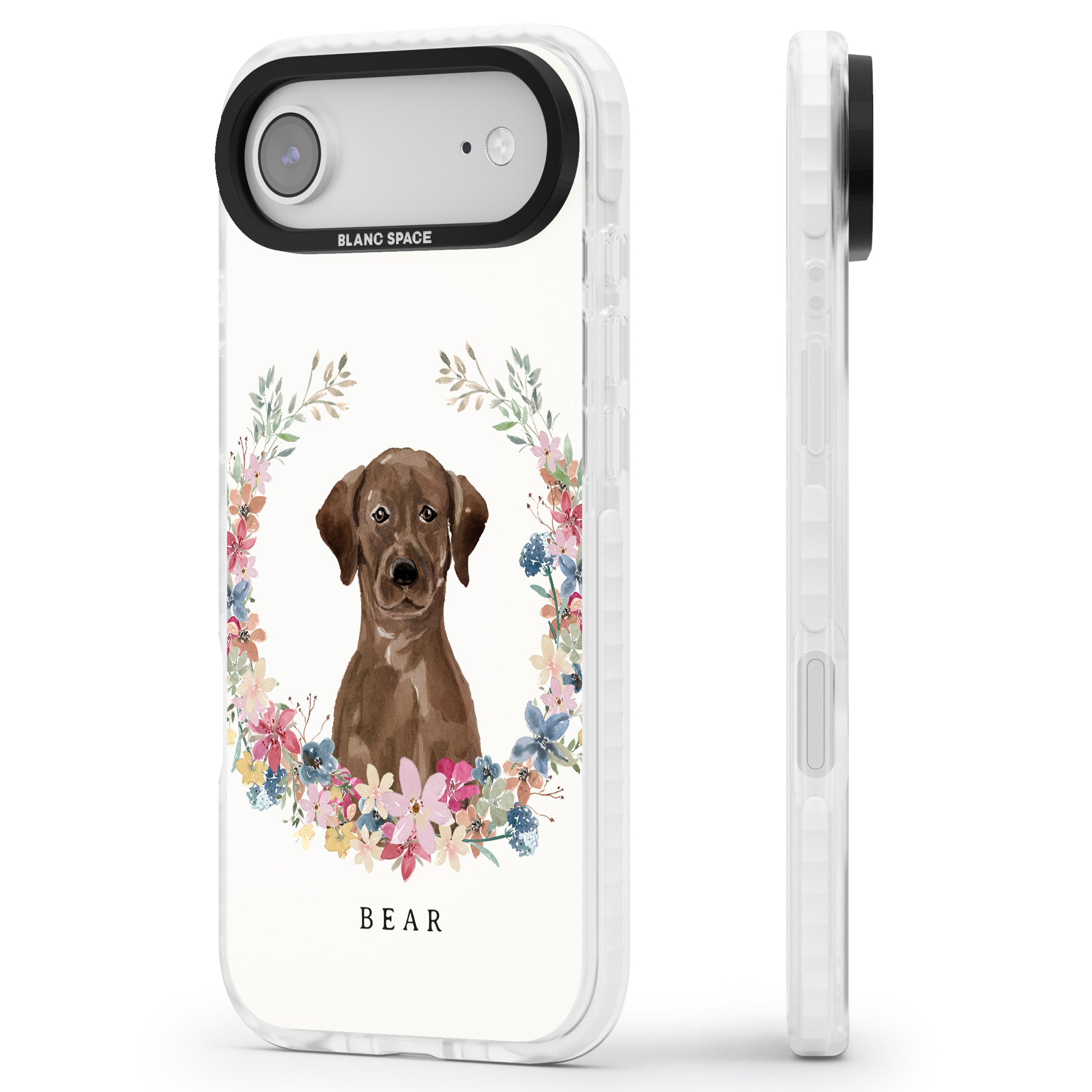 Personalised Chocolate Labrador Floral Portrait iPhone 17 Air Impact Clear Phone Case Side Profile