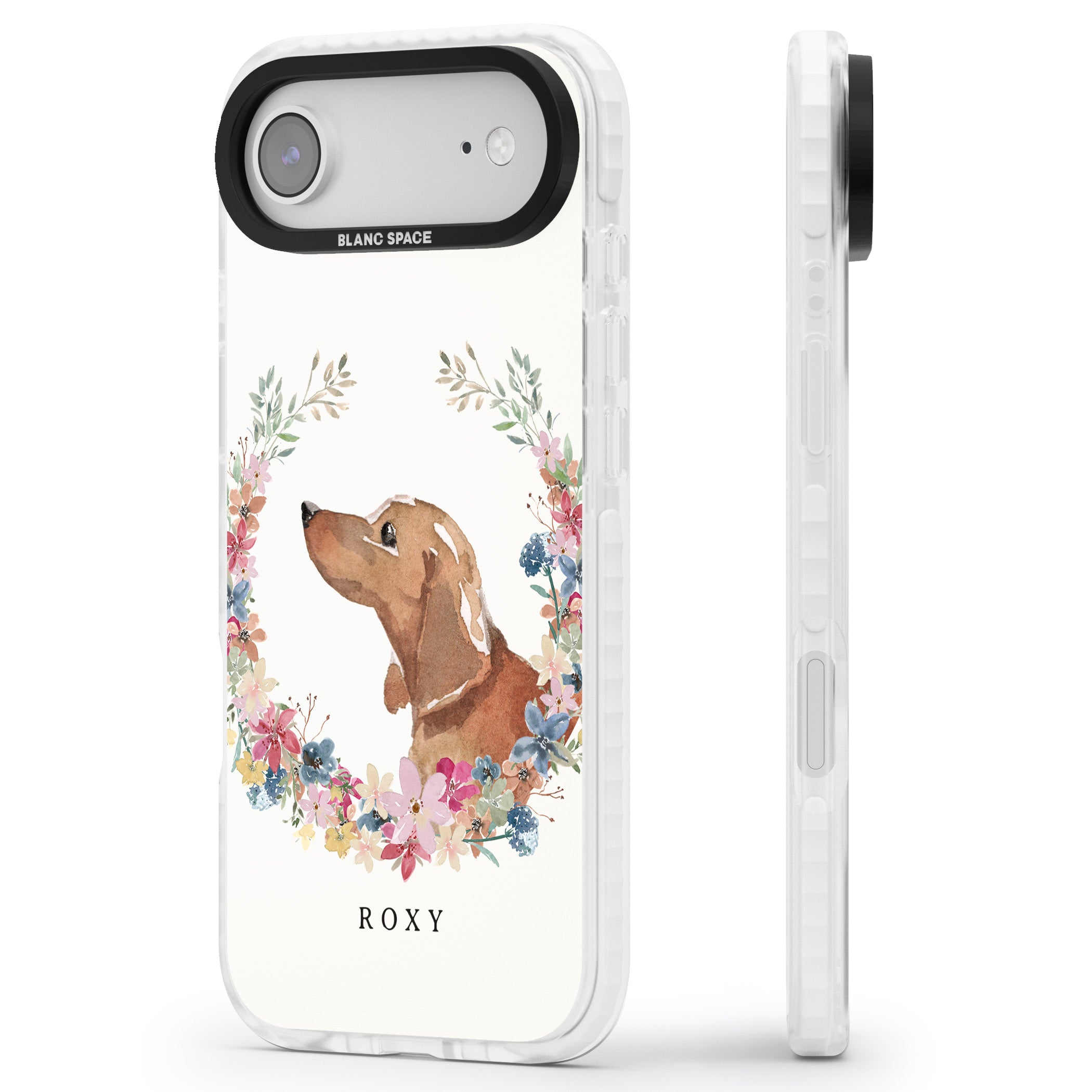Personalised Tan Dachshund Floral Portrait iPhone 17 Air Impact Clear Phone Case Side Profile
