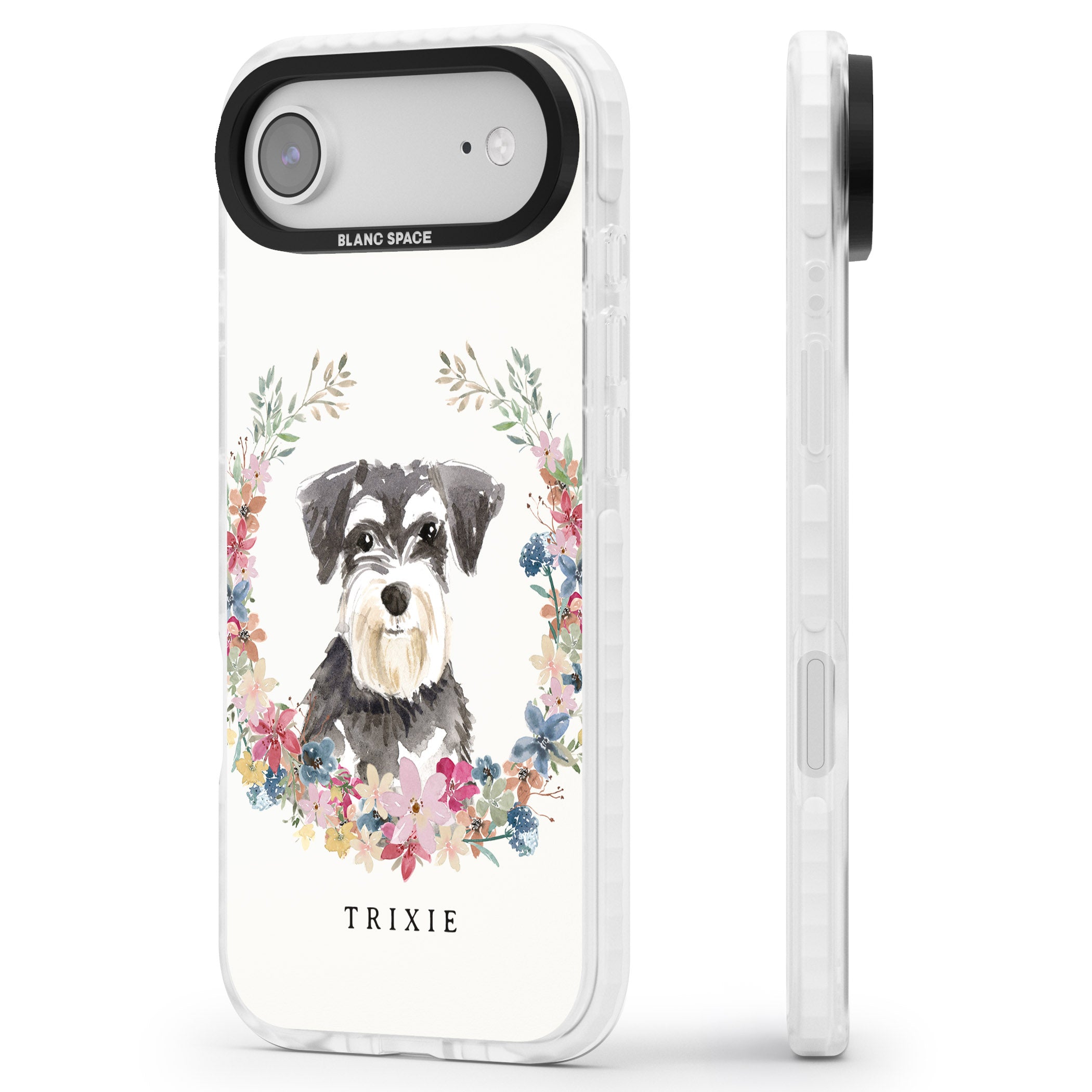 Personalised Watercolor Schnauzer Floral Portrait iPhone 17 Air Impact Clear Phone Case Side Profile