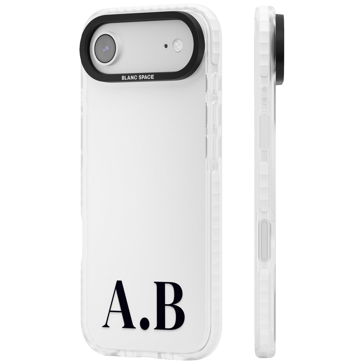 Personalised Serif Initials minimal iPhone case featuring custom monogram lettering in classic serif type on a clear case iPhone Air / iPhone 17 Air Impact Clear Phone Case side