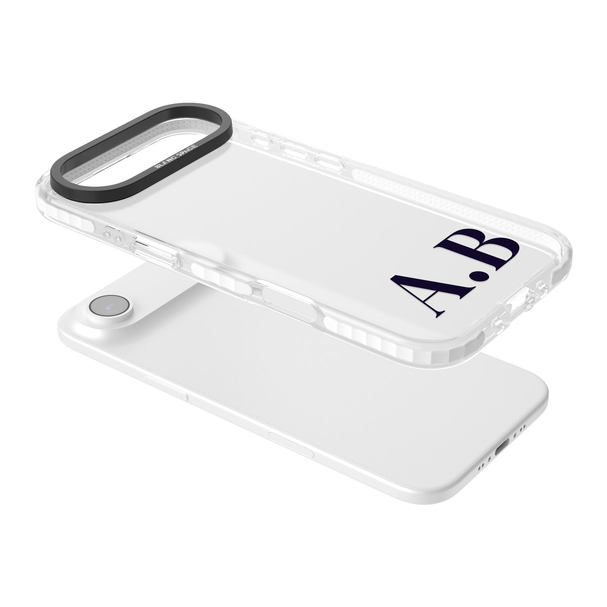 Personalised Serif Initials minimal iPhone case featuring custom monogram lettering in classic serif type on a clear case iPhone Air / iPhone 17 Air Impact Clear Phone Case angled