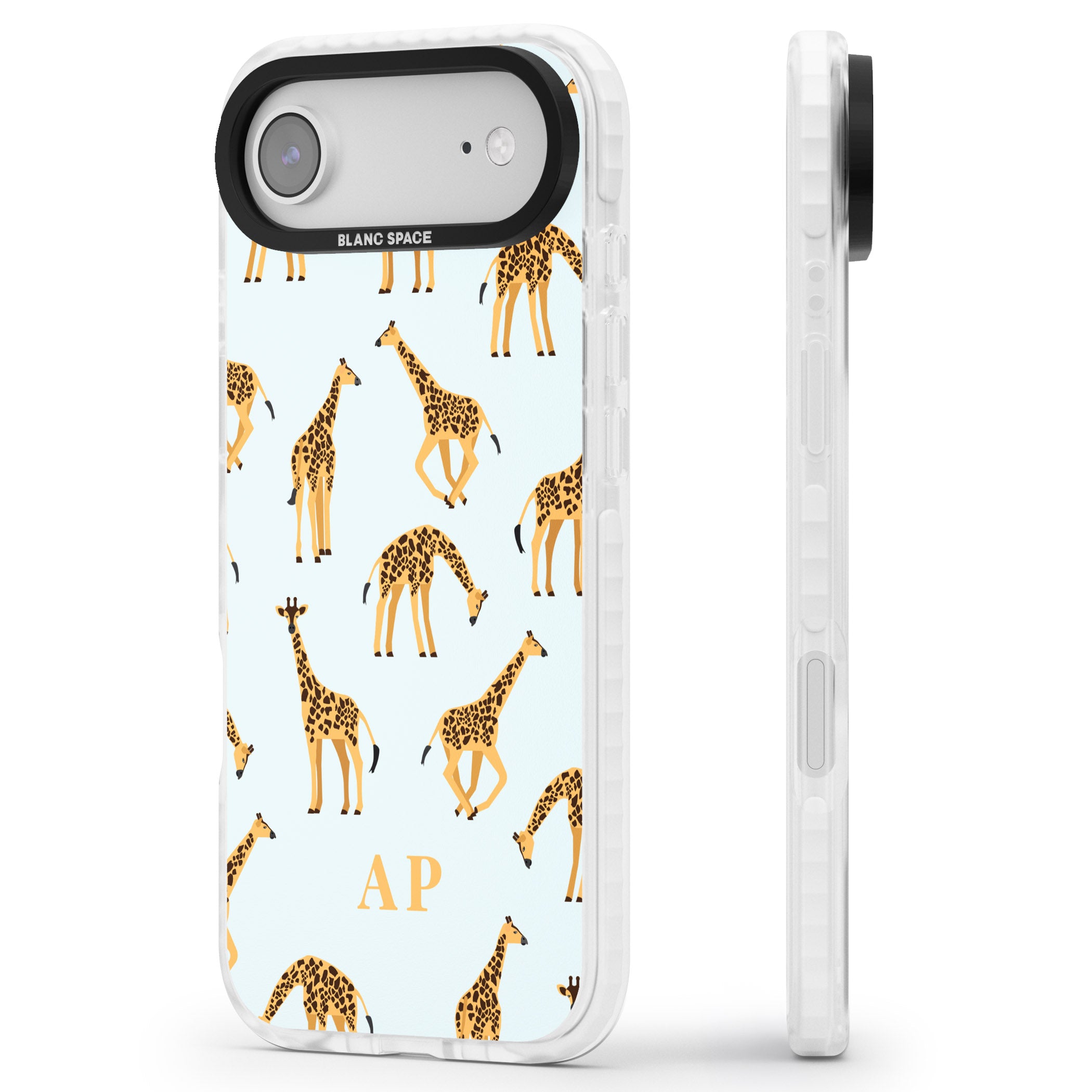 Personalised Safari Giraffe Pattern On Blue iPhone 17 Air Impact Clear Phone Case Side Profile