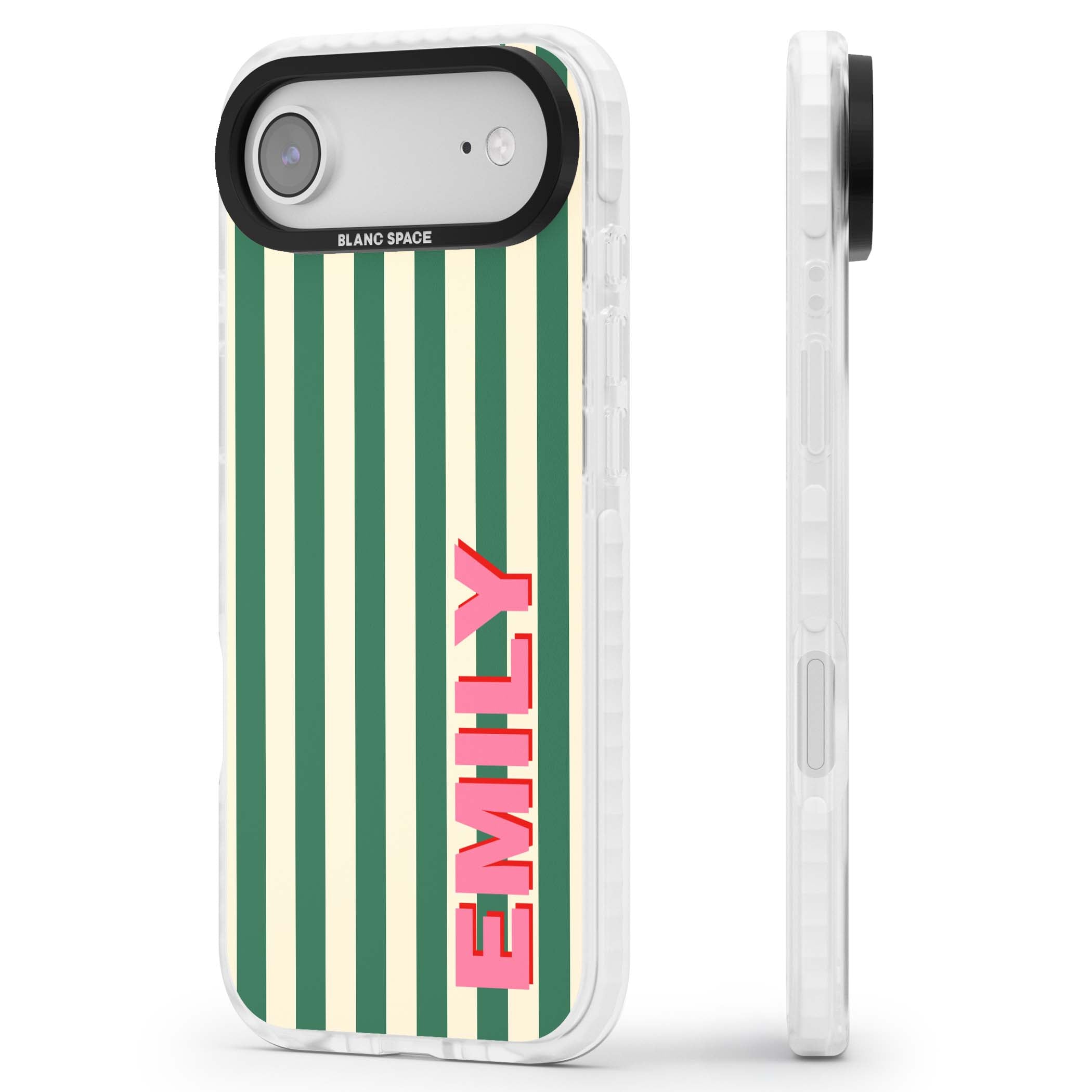 Wimbledon Stripe preppy iPhone case featuring green and cream vertical stripes with a personalised pink name | Black Impact case for iPhone Air