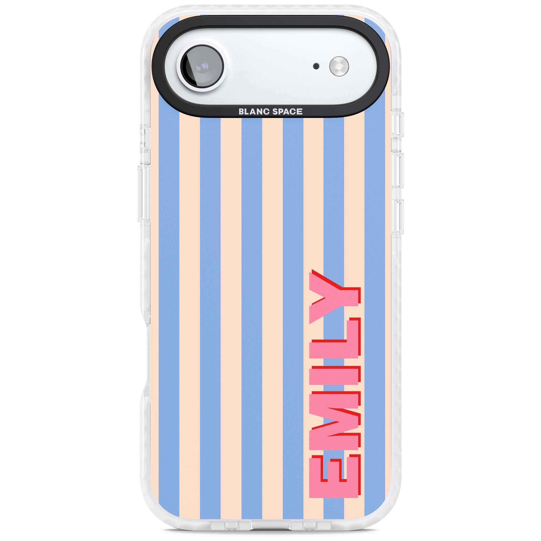 Coastal Stripe personalised coastal iPhone case with blue and peach vertical stripes and custom pink name | Black Impact case for iPhone Air