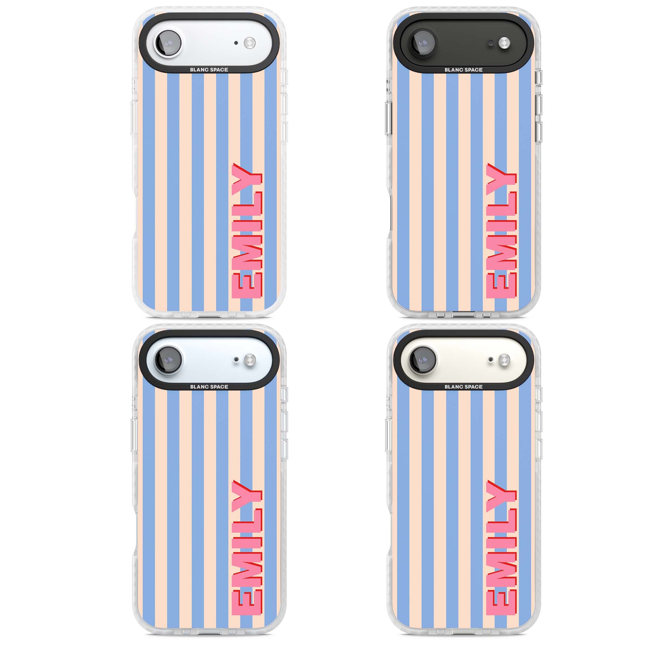 Coastal Stripe personalised coastal iPhone case with blue and peach vertical stripes and custom pink name | Black Impact case for iPhone Air